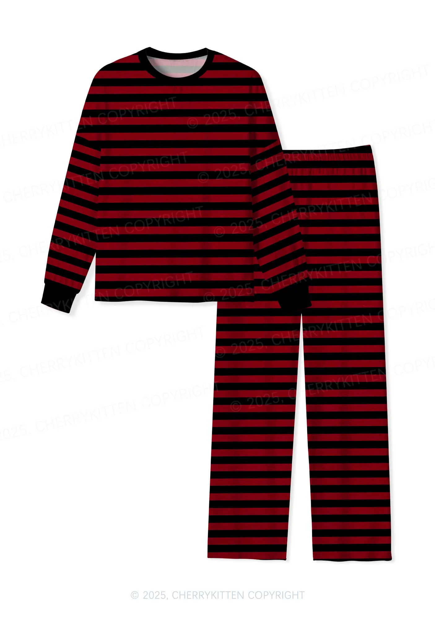 Black And Red Stripe Valentine's Day Y2K Print Long Sleeve Pajama Set Cherrykitten