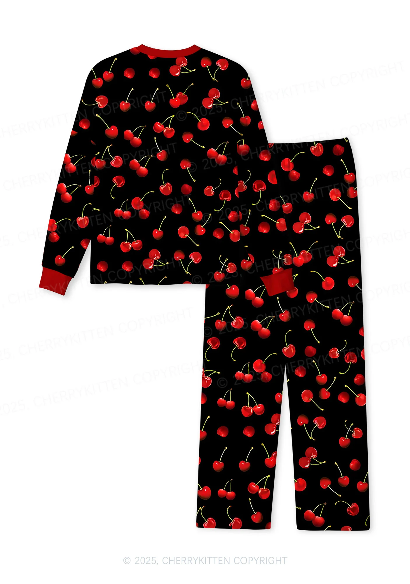 Black Cherry Valentine's Day Y2K Print Long Sleeve Pajama Set Cherrykitten - Image 3