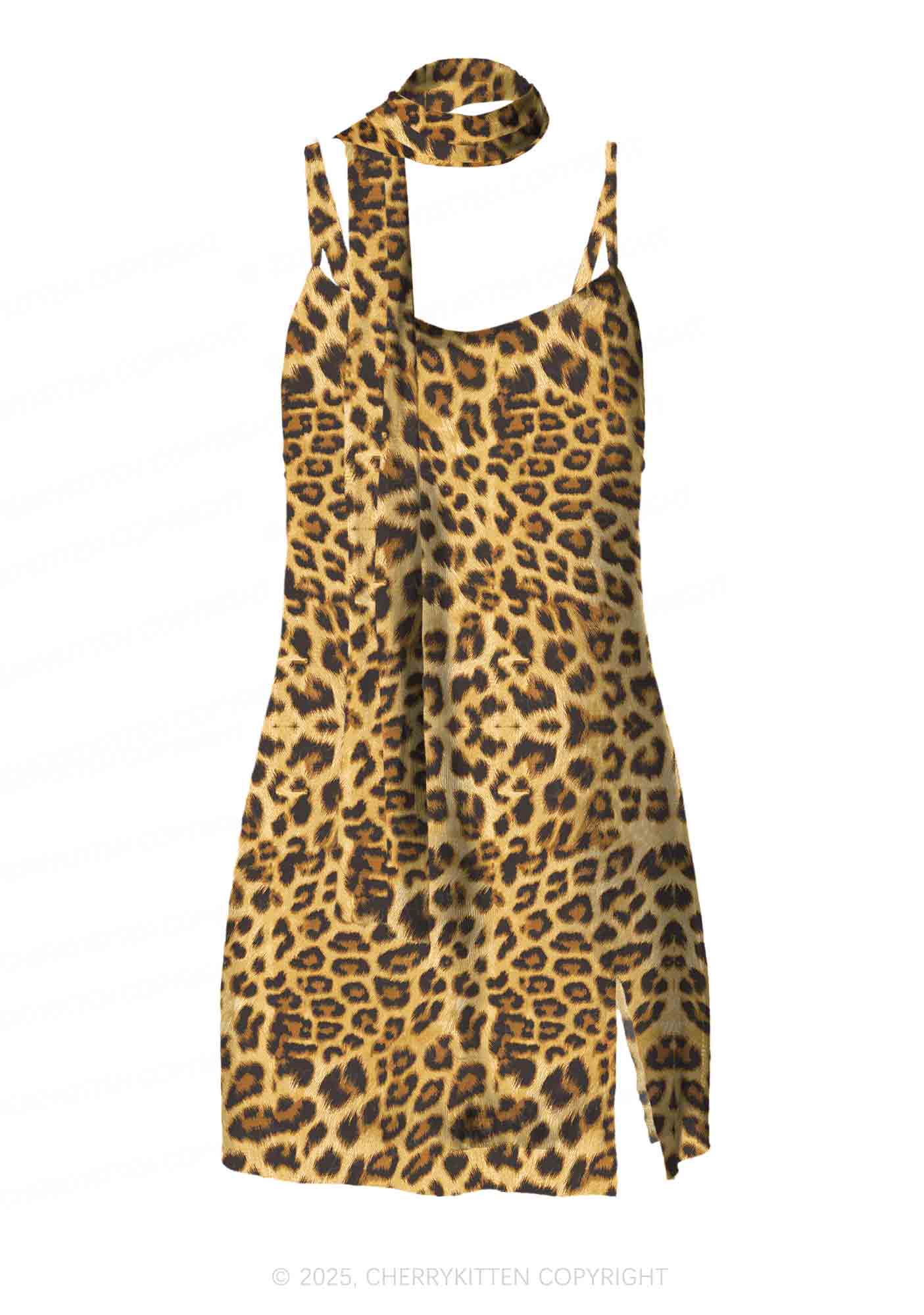 Brown Leopard Y2K Mesh Slip Dress With Scarf Set Cherrykitten