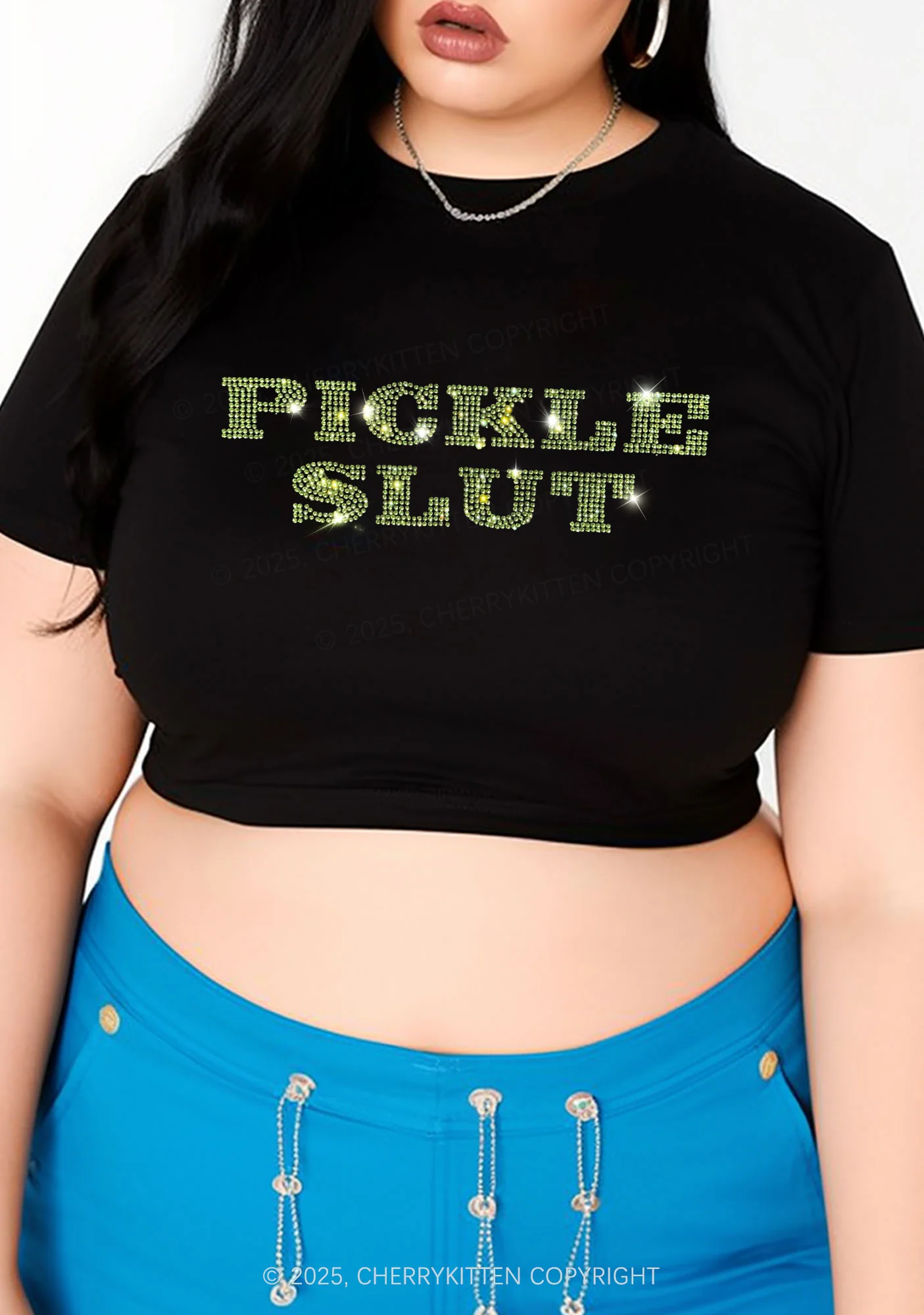 Curvy Rhinestone Pickle Slxt Y2K Baby Tee Cherrykitten