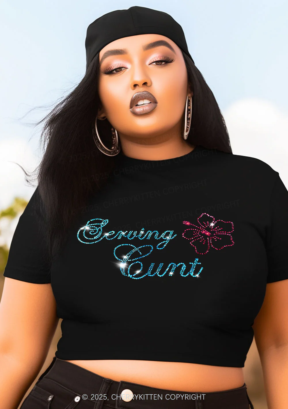 Curvy Rhinestone Serving Cxxt Y2K Baby Tee Cherrykitten