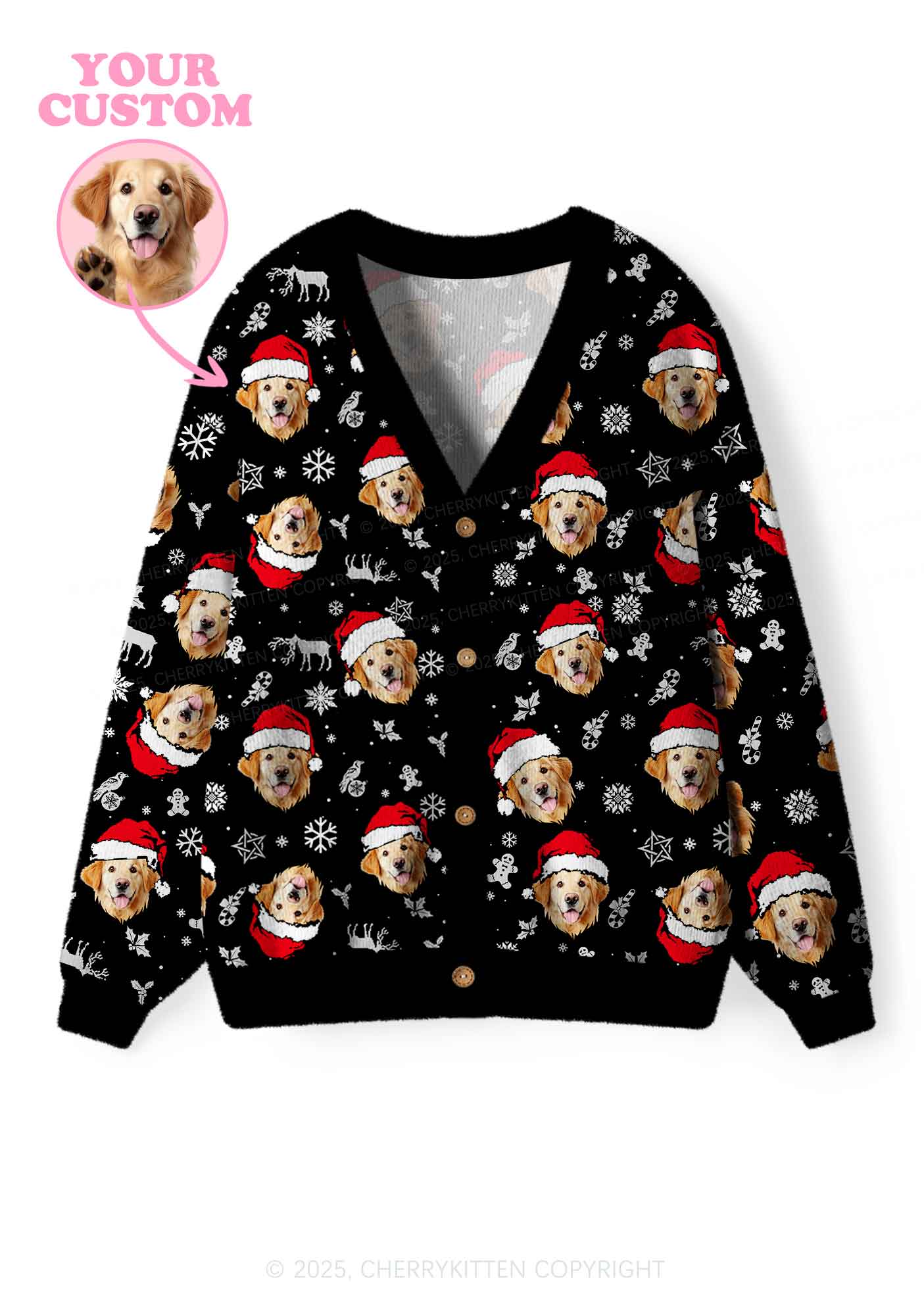 Custom Black Christmas Dog Face Y2K Christmas Cardigan Knit Sweatshirt Cherrykitten