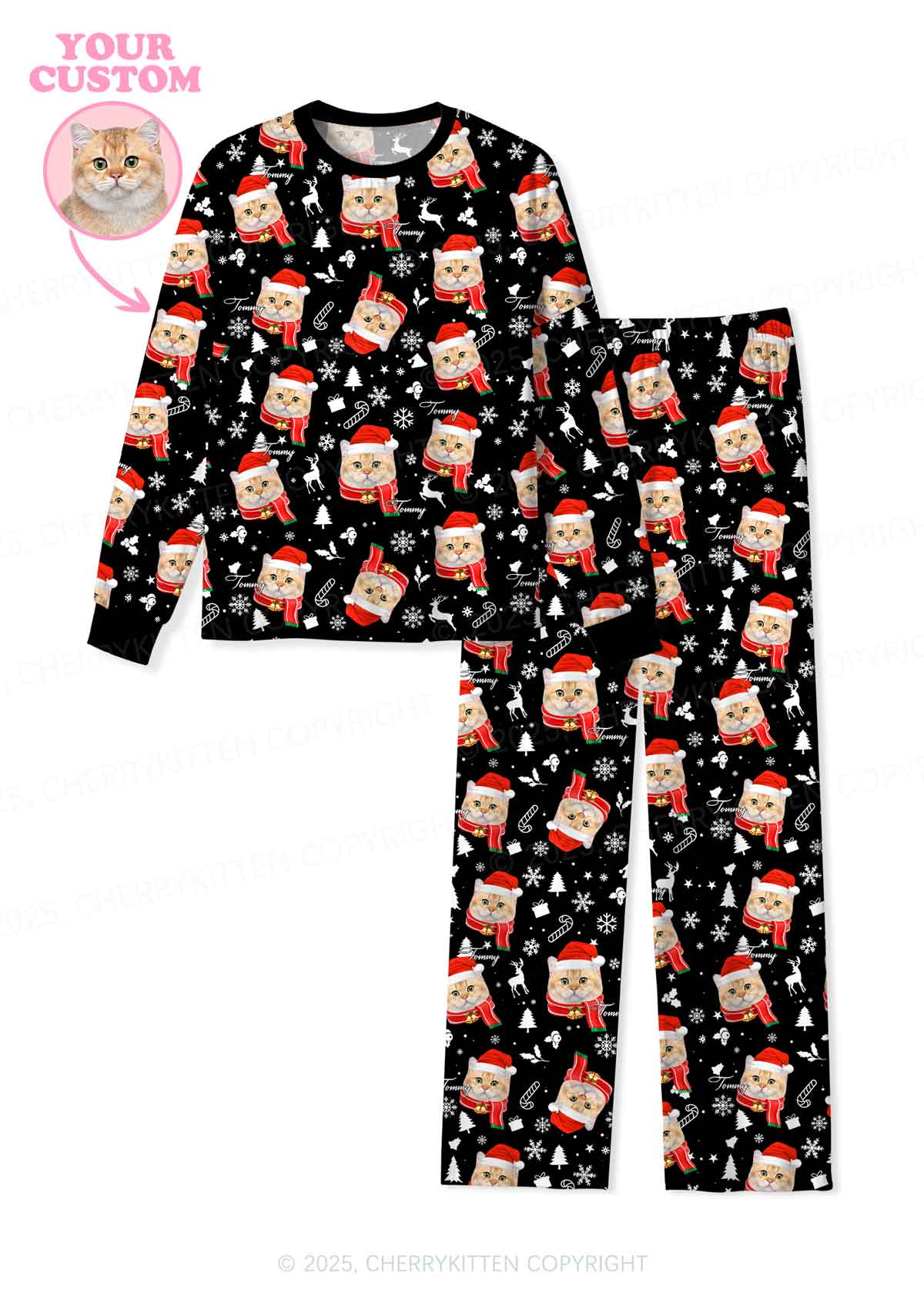 Custom Christmas Cat Face Y2K Print Long Sleeve Pajama Set Cherrykitten