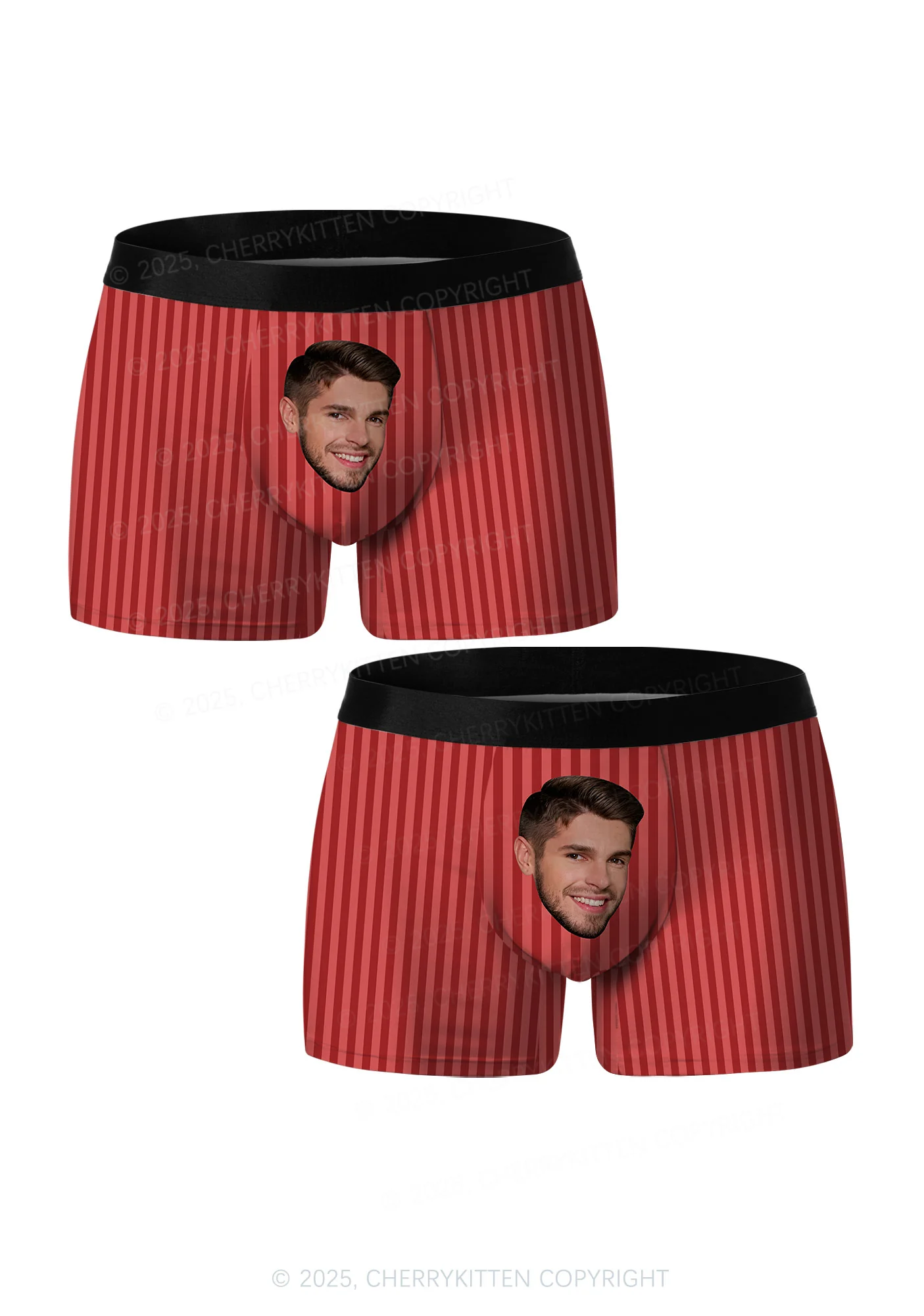 Custom Face Red Stripes Valentine's Day Y2K Print Couples Boxer Briefs Set Cherrykitten