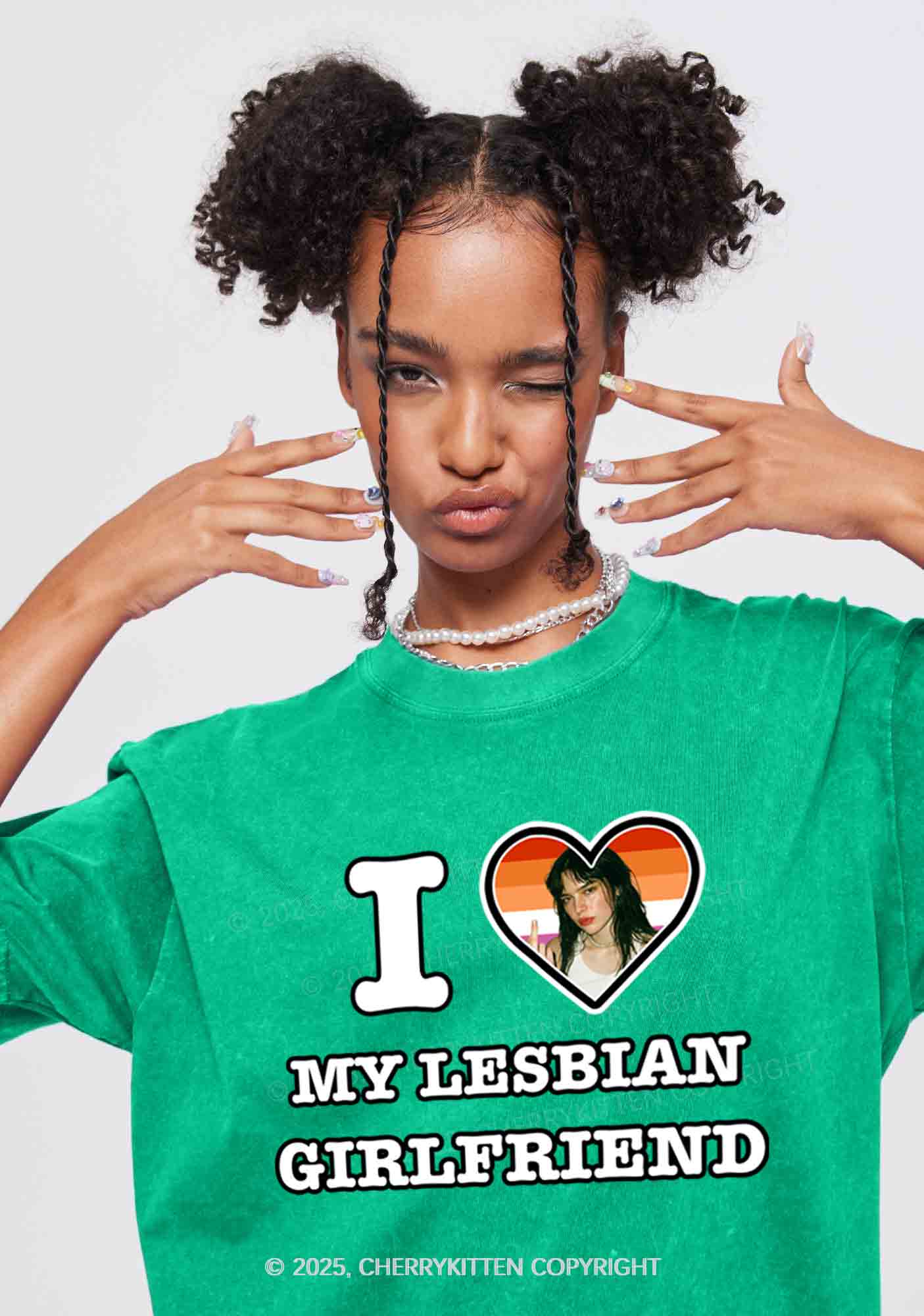 Custom My Lesbian GF Pride Y2K Valentine's Day Washed Tee Cherrykitten - Image 2