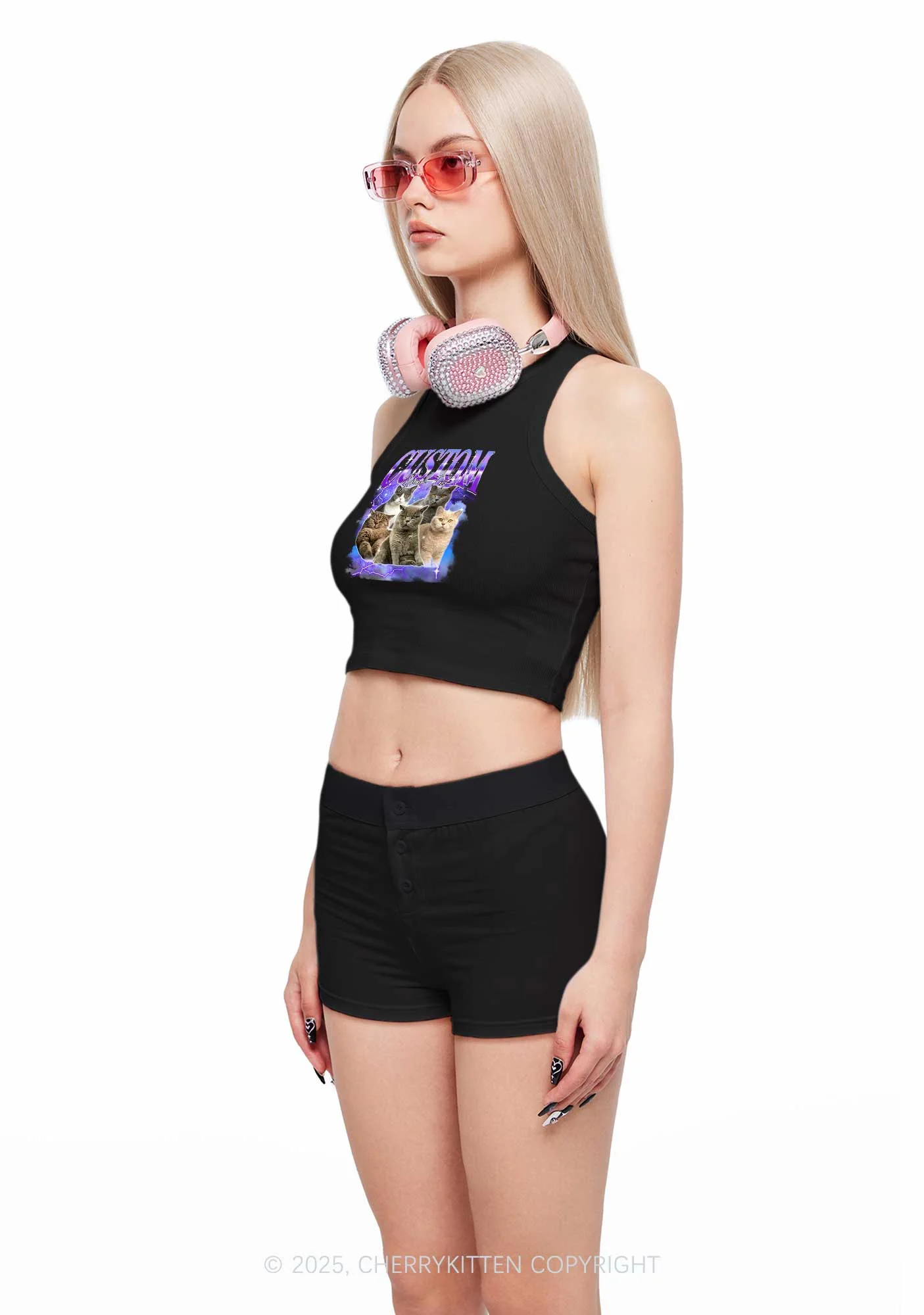 Custom Neon Lightning Cat Photo Y2K Crop Tank Top Cherrykitten - Image 3