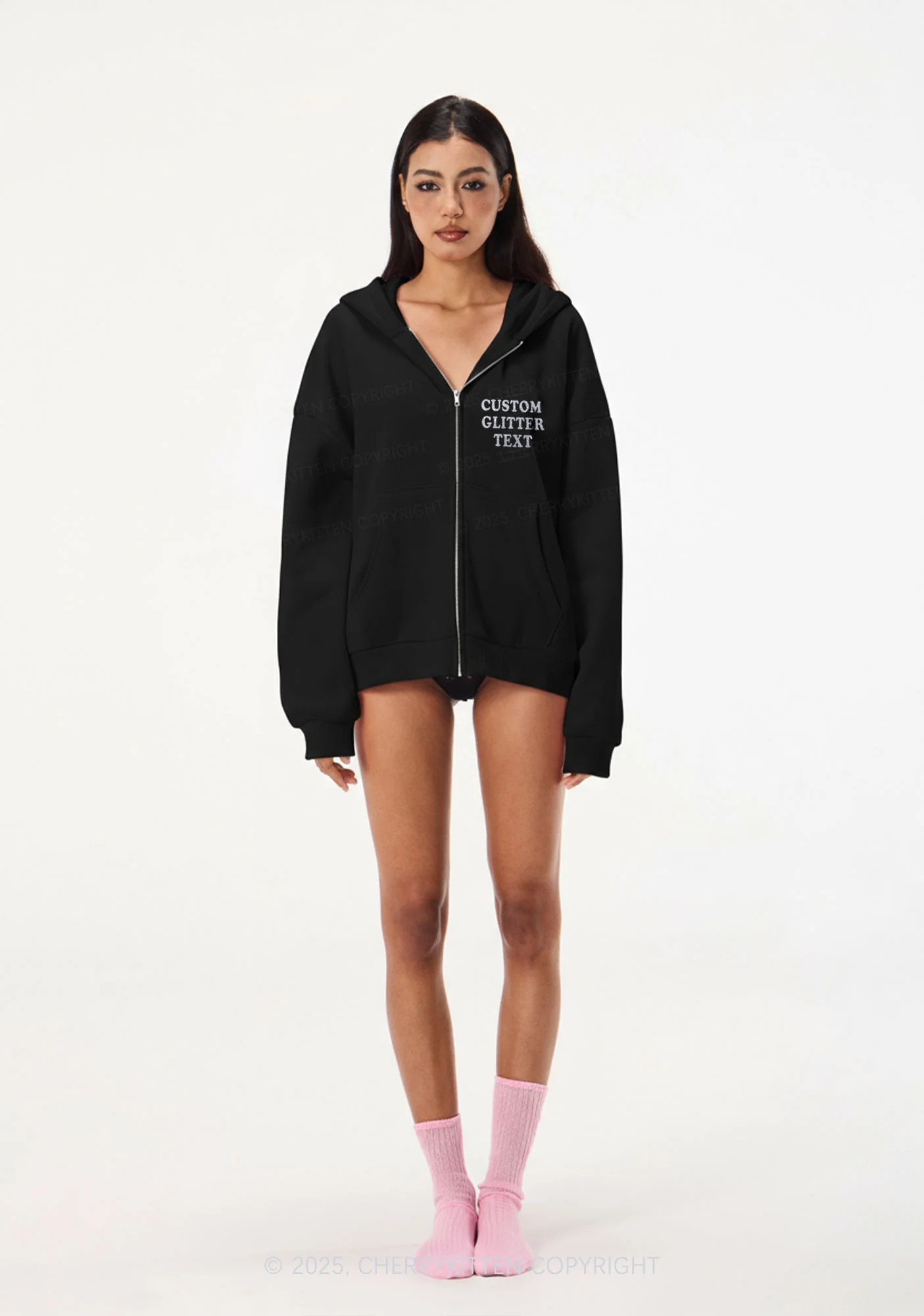 Custom Text Glitter Y2K Bunny Ear Zip Hoodie Cherrykitten - Image 5