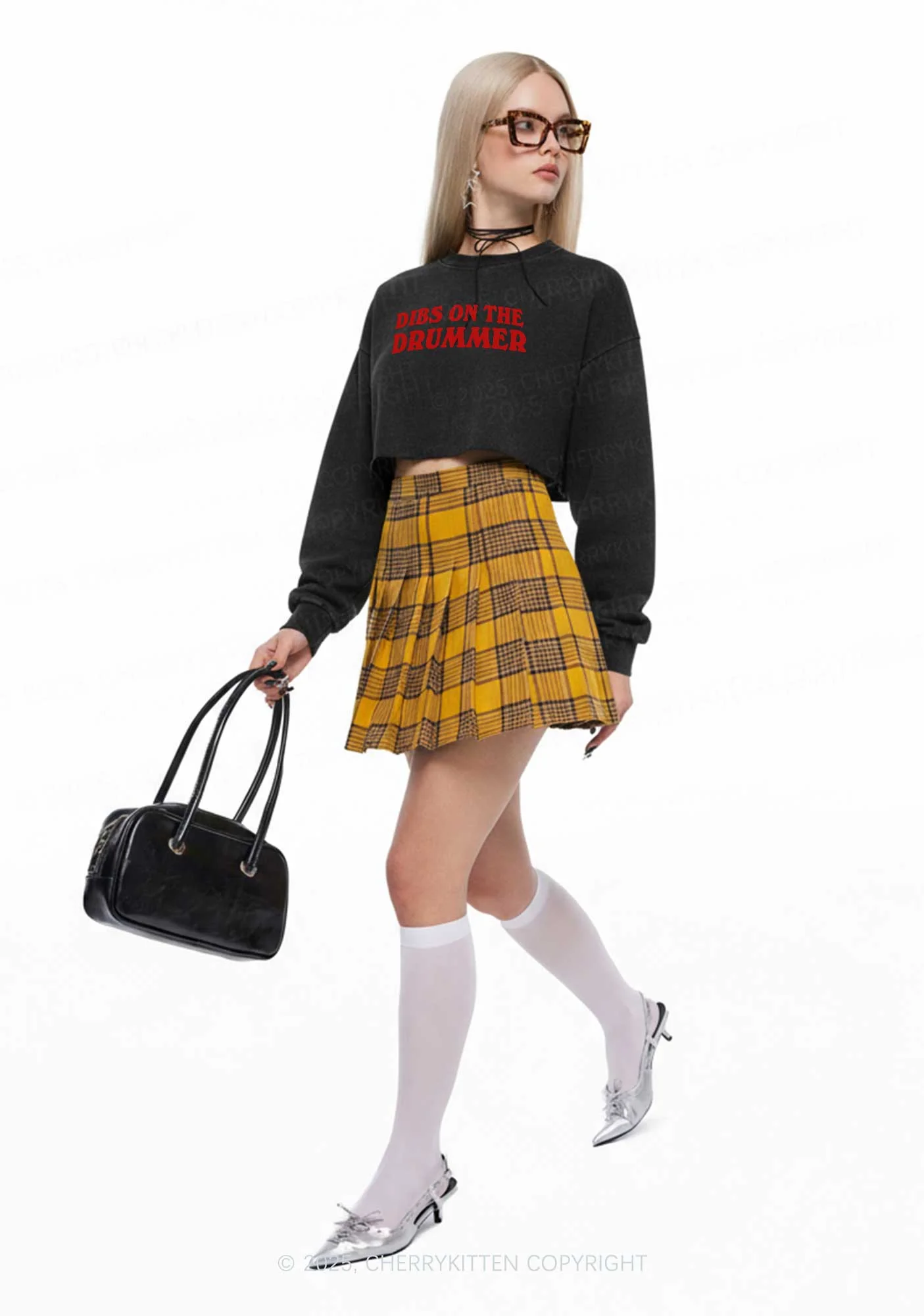 Dibs On The Drummer Y2K Crop Washed Sweatshirts Cherrykitten - Image 2