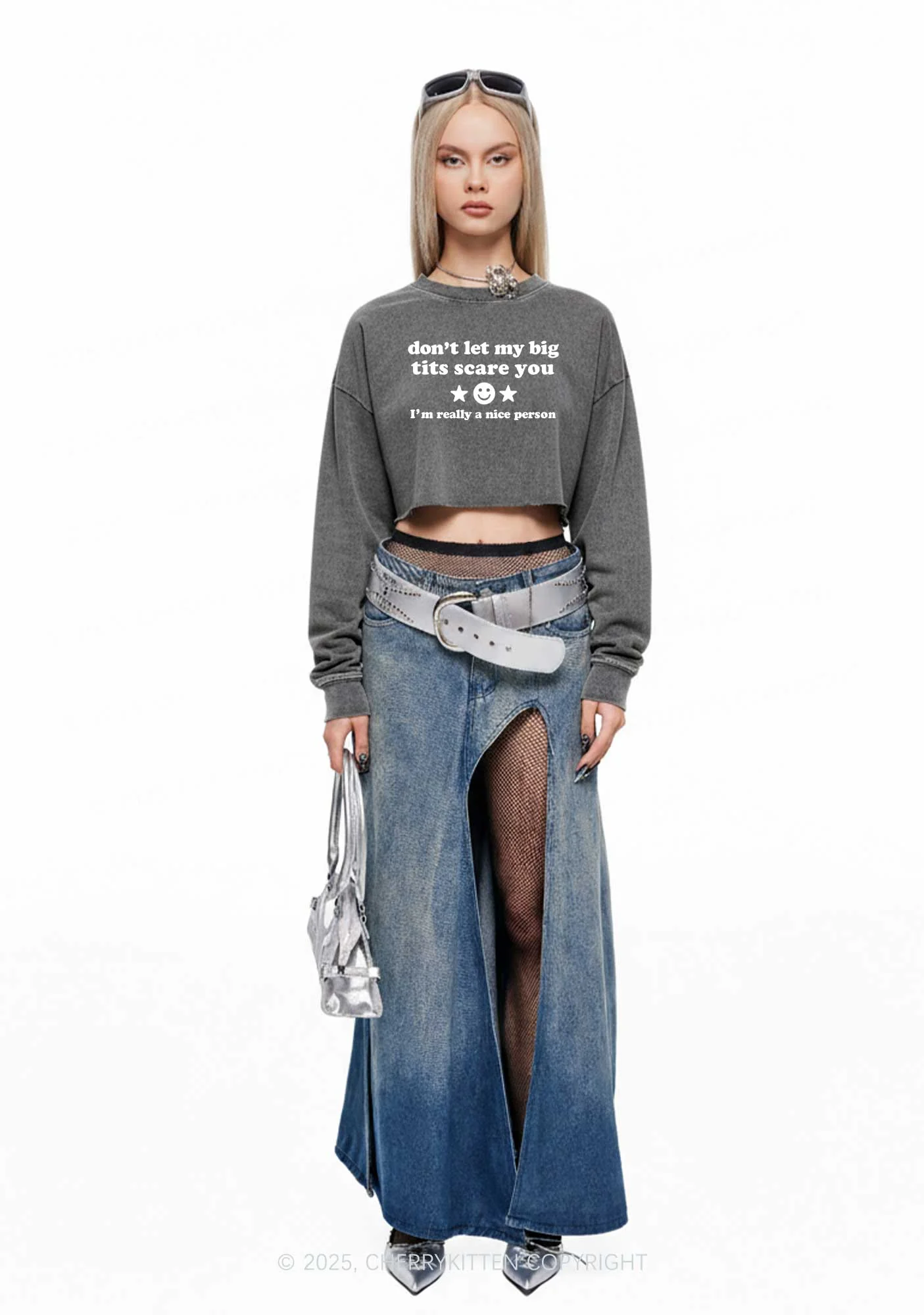 Dont Let My Big Txts Scare You Y2K Crop Washed Sweatshirts Cherrykitten - Image 2