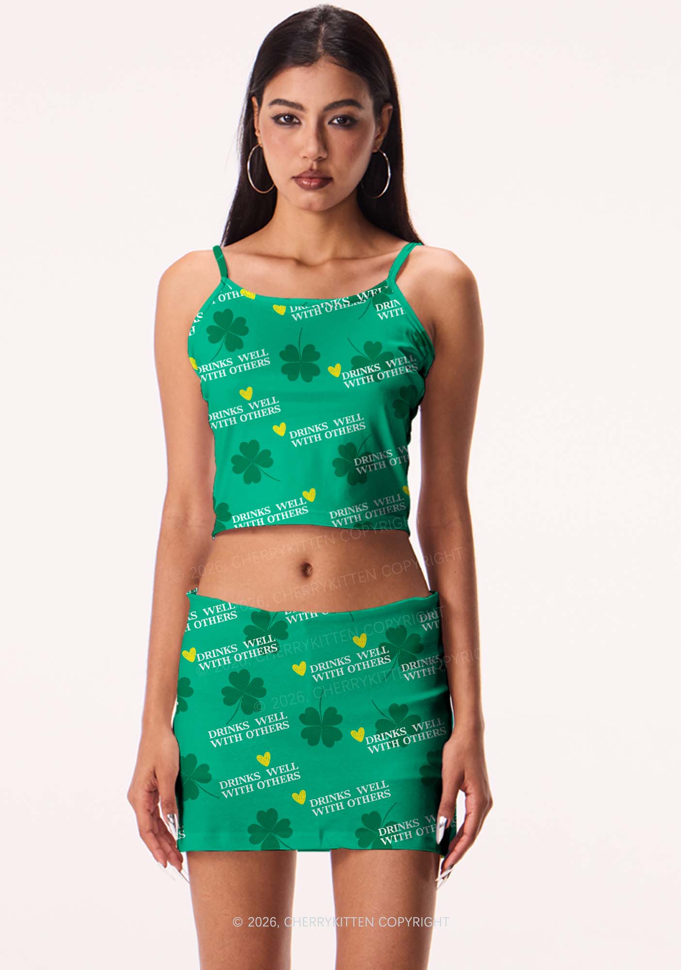 Drinks Well With Others St Patricks Y2K Print Mini Skirt Cherrykitten - Image 2
