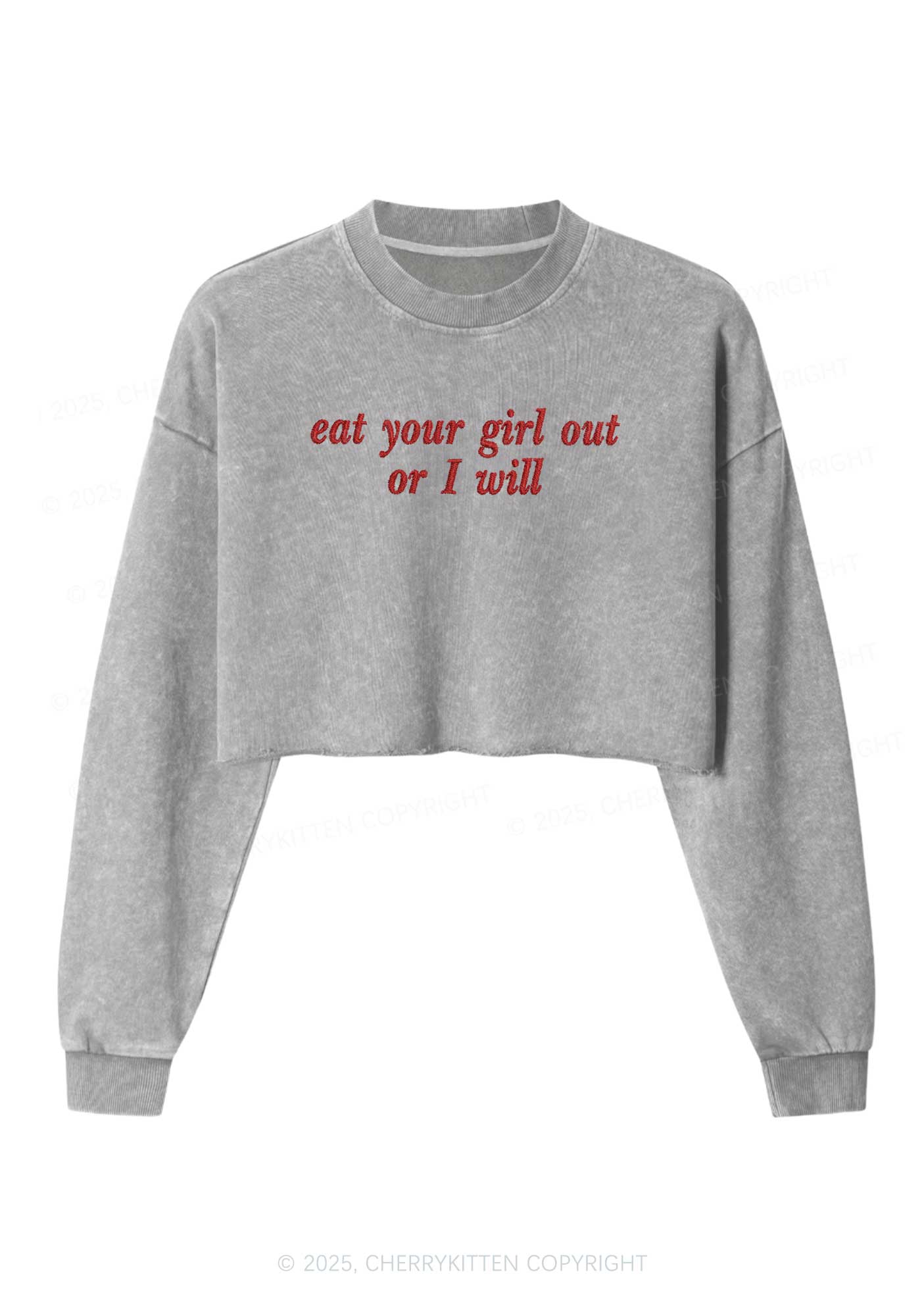 Embroidered Eat Your Girl Out Pride Y2K Crop Washed Sweatshirts Cherrykitten - Image 4