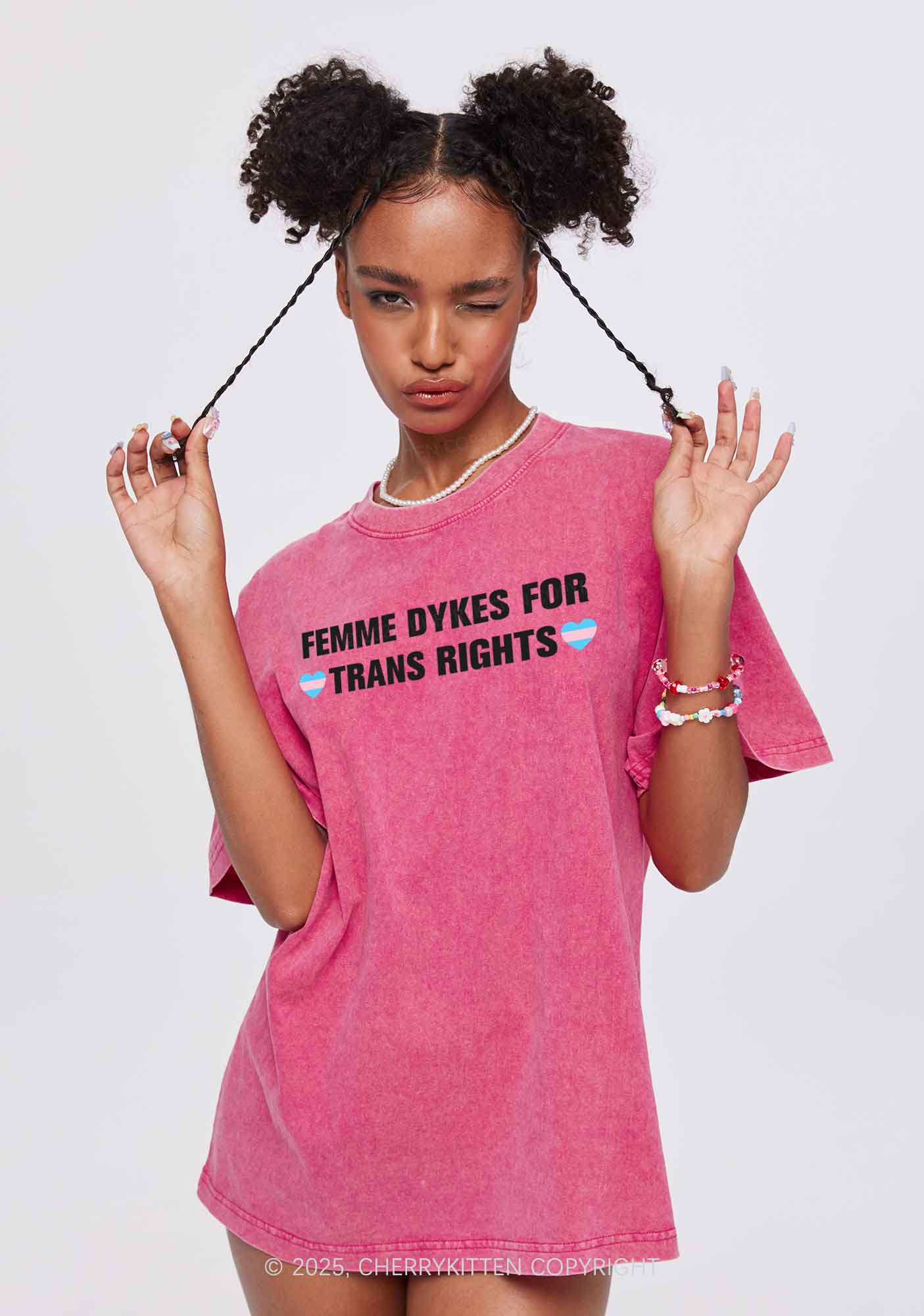 Femme Dykes For Trans Rights Y2K Shirts Washed Tee Cherrykitten - Image 2