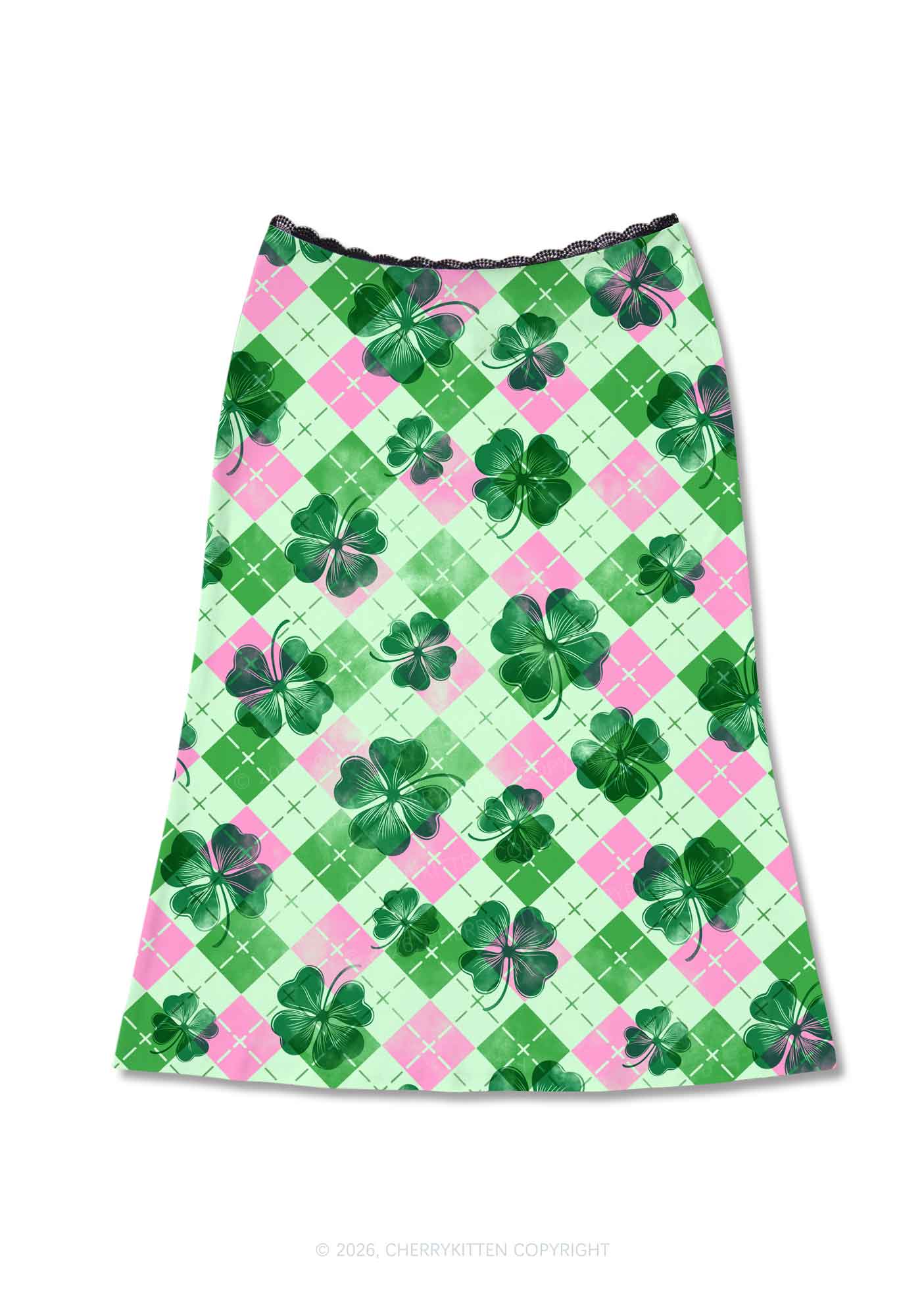 Four Leaf Clover Pink Plaid St Patricks Y2K Print Midi Skirt Cherrykitten