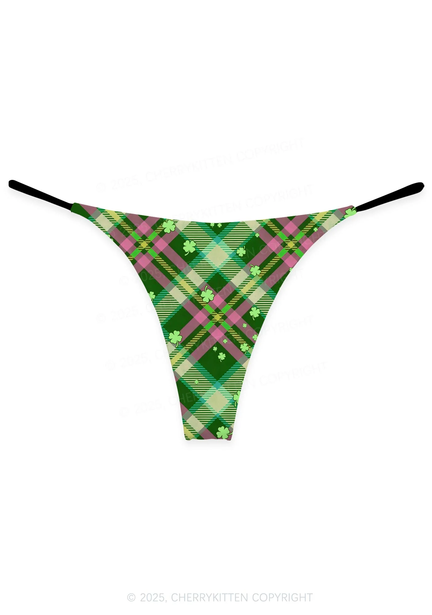 Four Leaf Clover Plaid St Patricks Y2K Print Bikini String Thong Cherrykitten