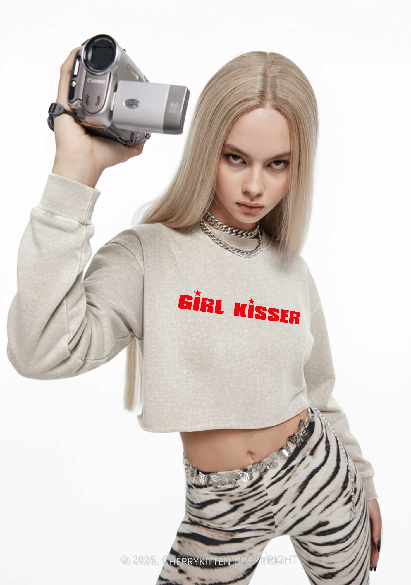 Girl Kisser Star Pride Y2K Crop Washed Sweatshirts Cherrykitten - Image 2