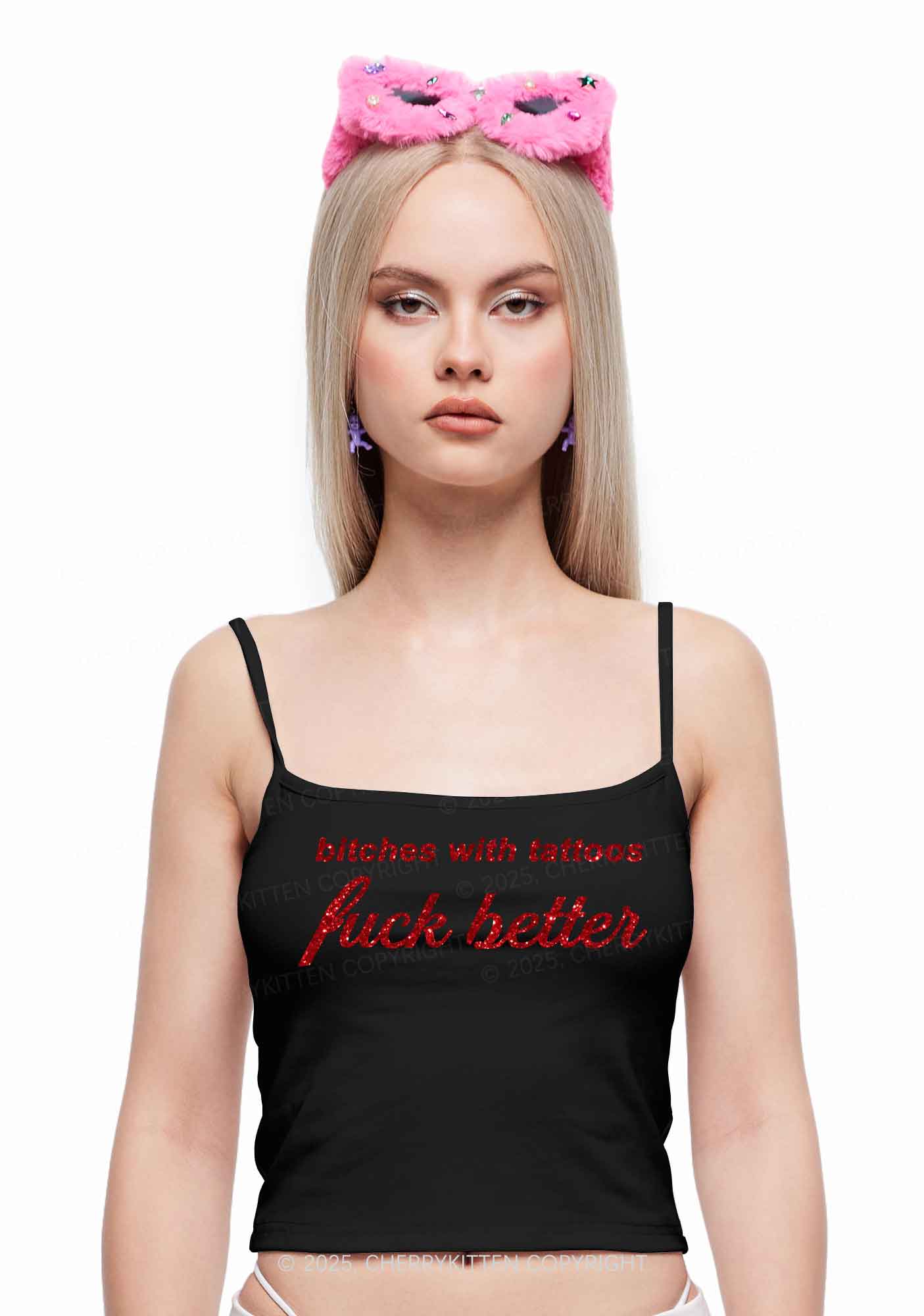 Glitter Bxxches With Tattoos Fxxk Better Y2K Spaghetti Strap Cami Cherrykitten - Image 3