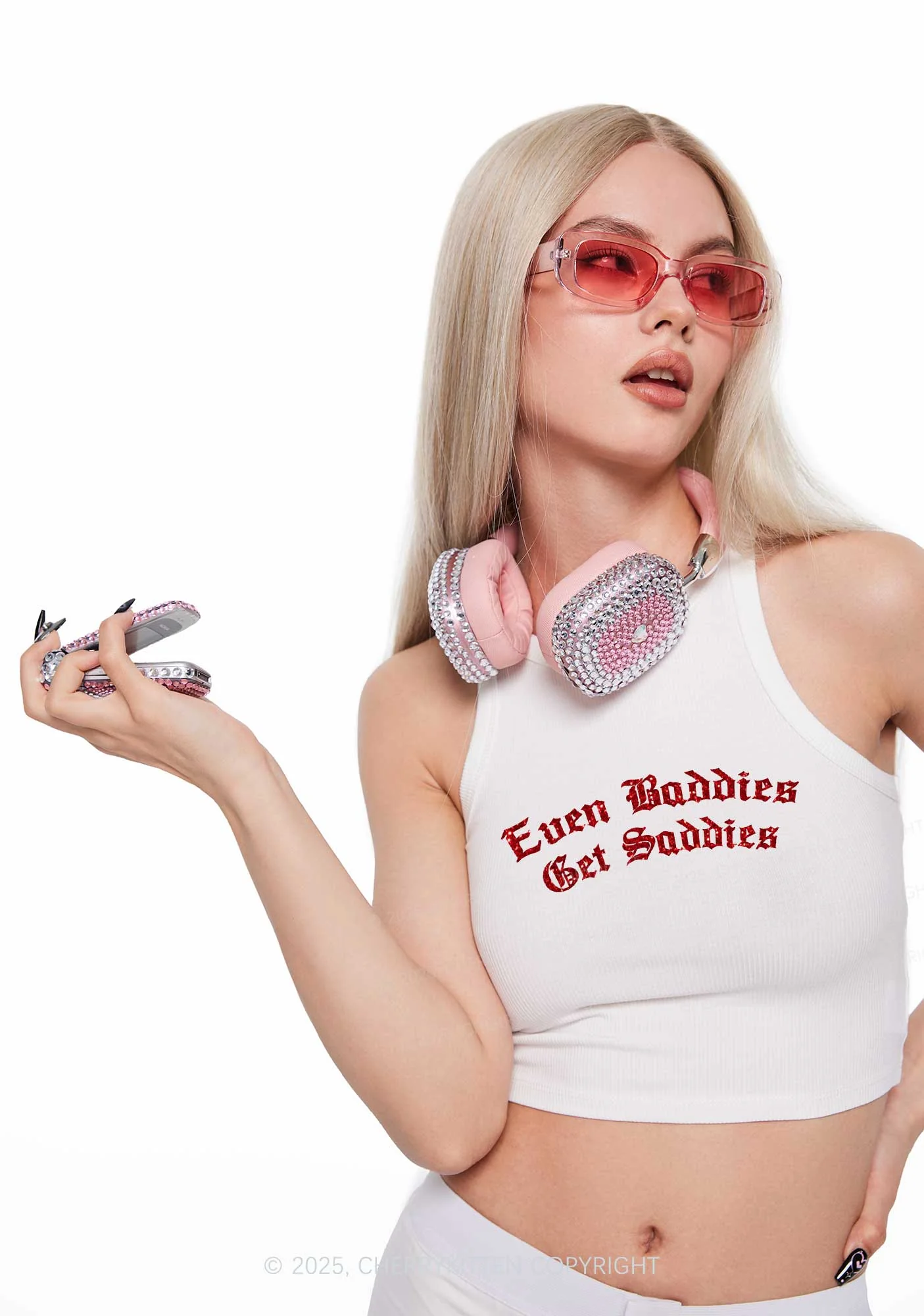Glitter Even Baddies Get Saddies Y2K Crop Tank Top Cherrykitten - Image 3