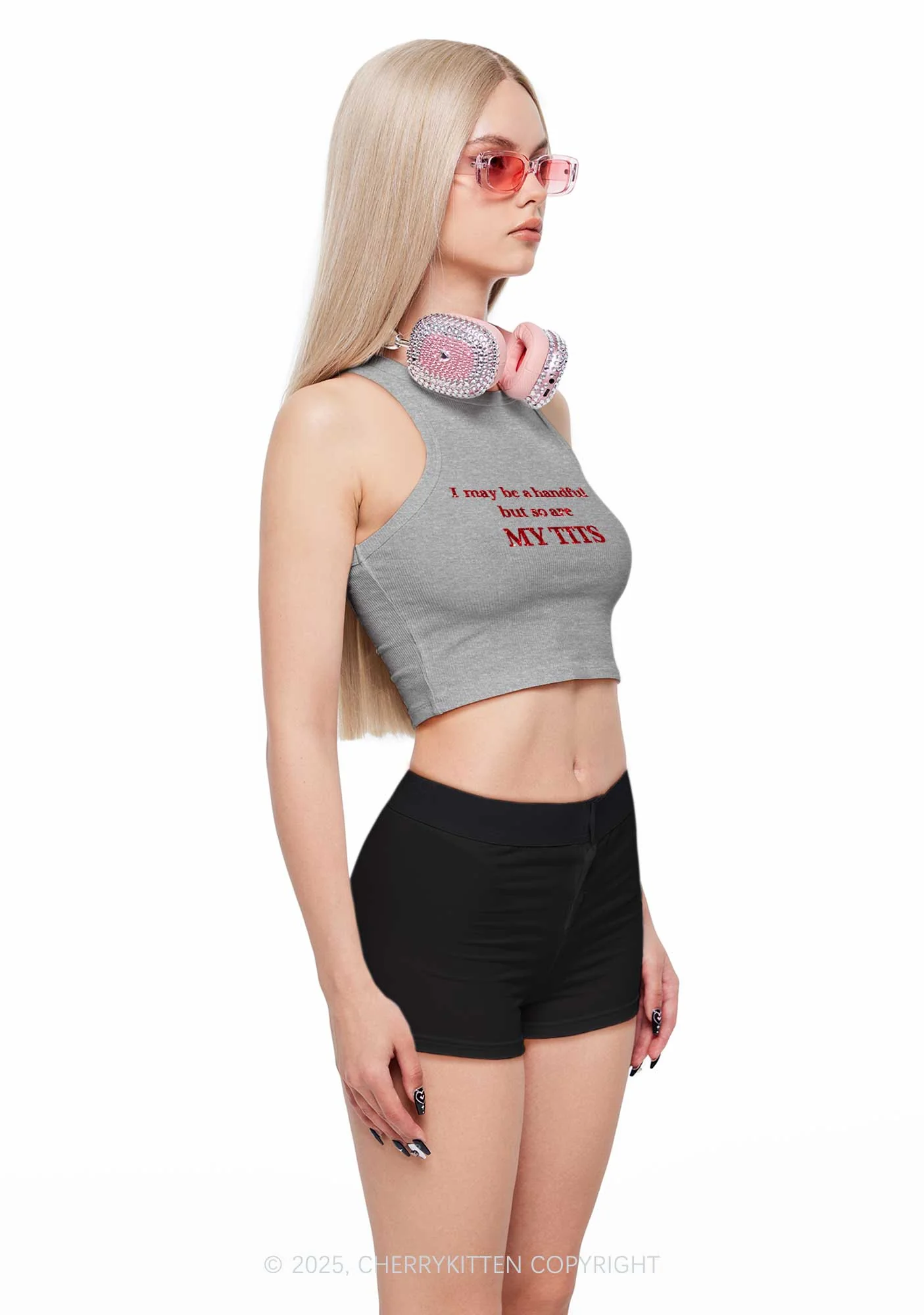 Glitter I May Be A Handful Y2K Crop Tank Top Cherrykitten - Image 3