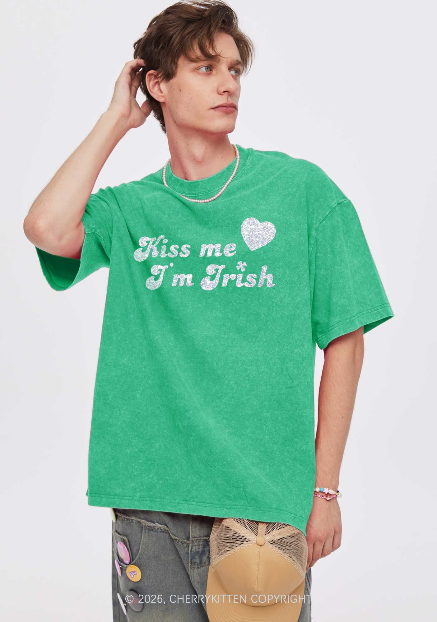 Glitter Kiss Me Im Irish St Patricks Y2K Shirts Washed Tee Cherrykitten - Image 2