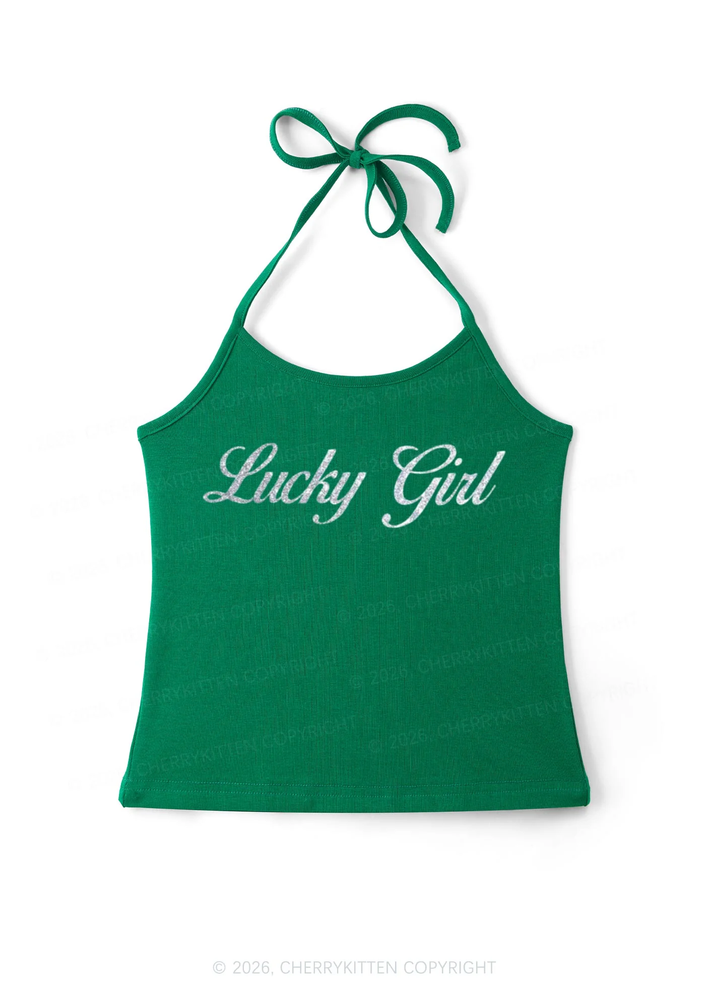 Glitter Lucky Girl St Patricks Y2K Halter Neck Cami Cherrykitten