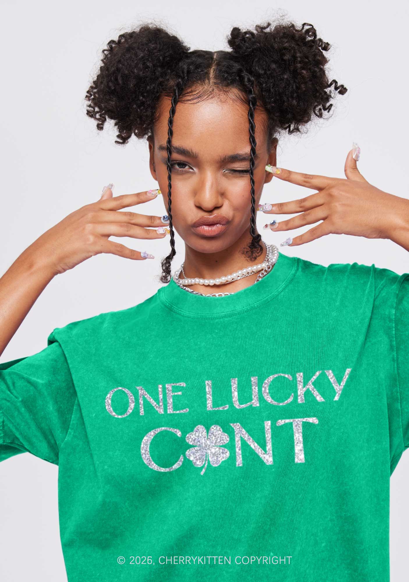 Glitter One Lucky Cxxt St Patricks Y2K Shirts Washed Tee Cherrykitten - Image 2