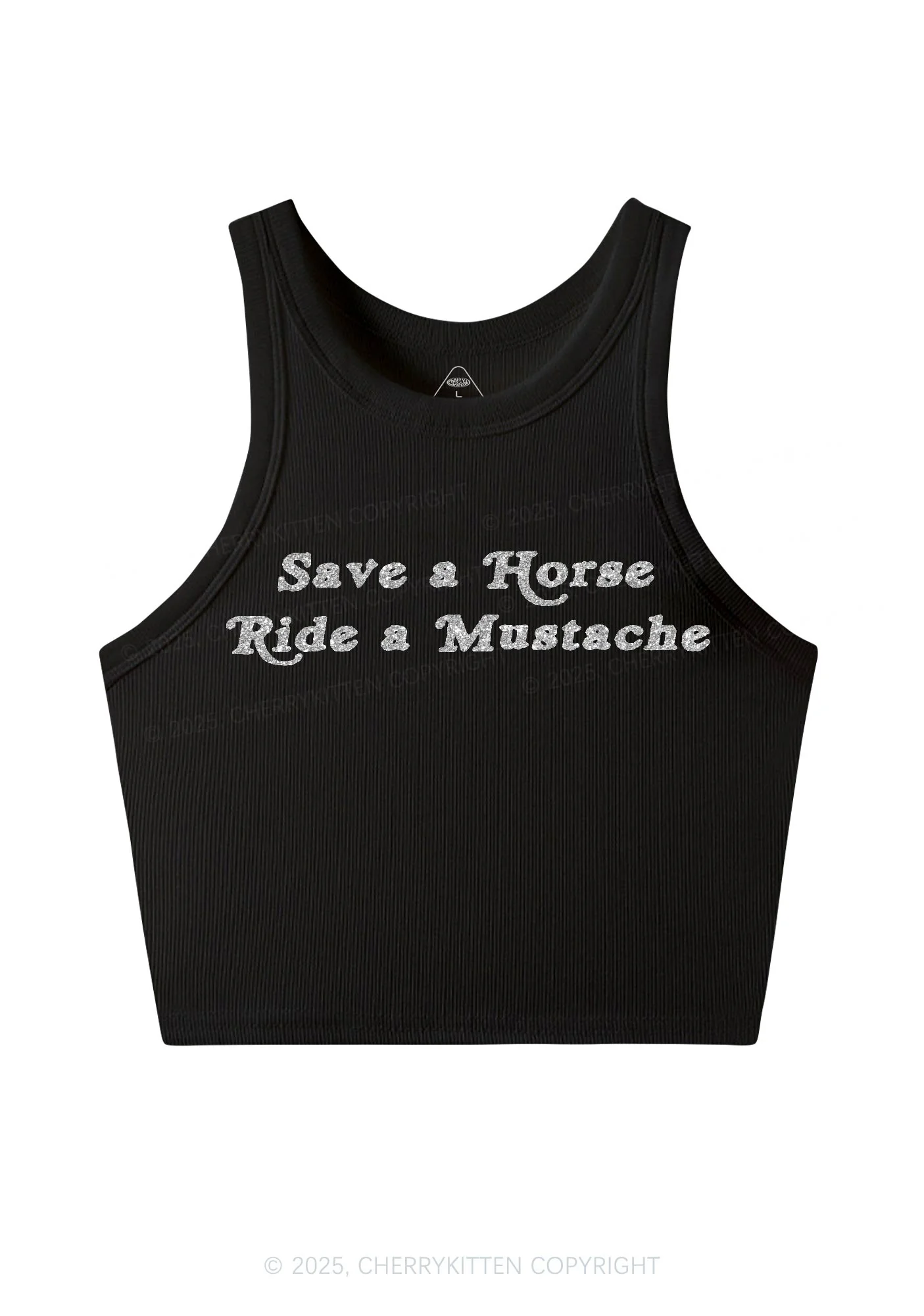 Glitter Ride A Mustache Y2K Crop Tank Top Cherrykitten