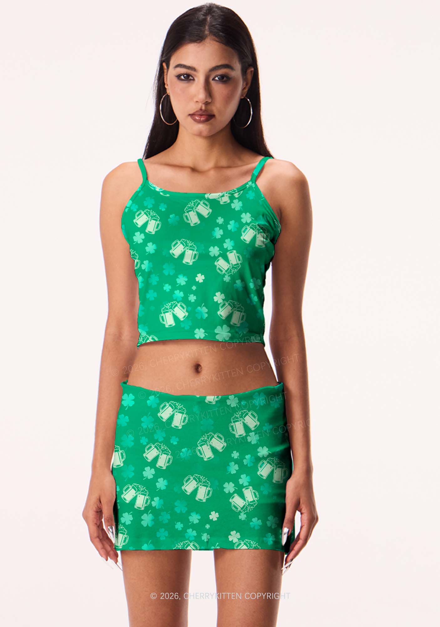 Green Beer Clover St Patricks Y2K Print Mini Skirt Cherrykitten - Image 2
