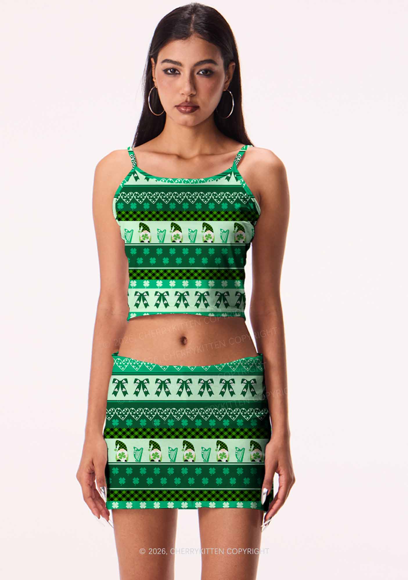 Green Gnome Shamrock Bows St Patricks Y2K Print Cami Crop Top Cherrykitten - Image 2