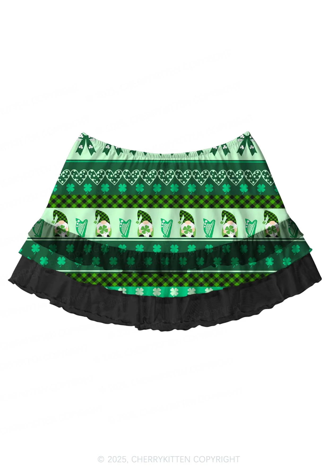 Green Gnome Shamrock Bows St Patricks Y2K Print Mini Layered Skirt Cherrykitten