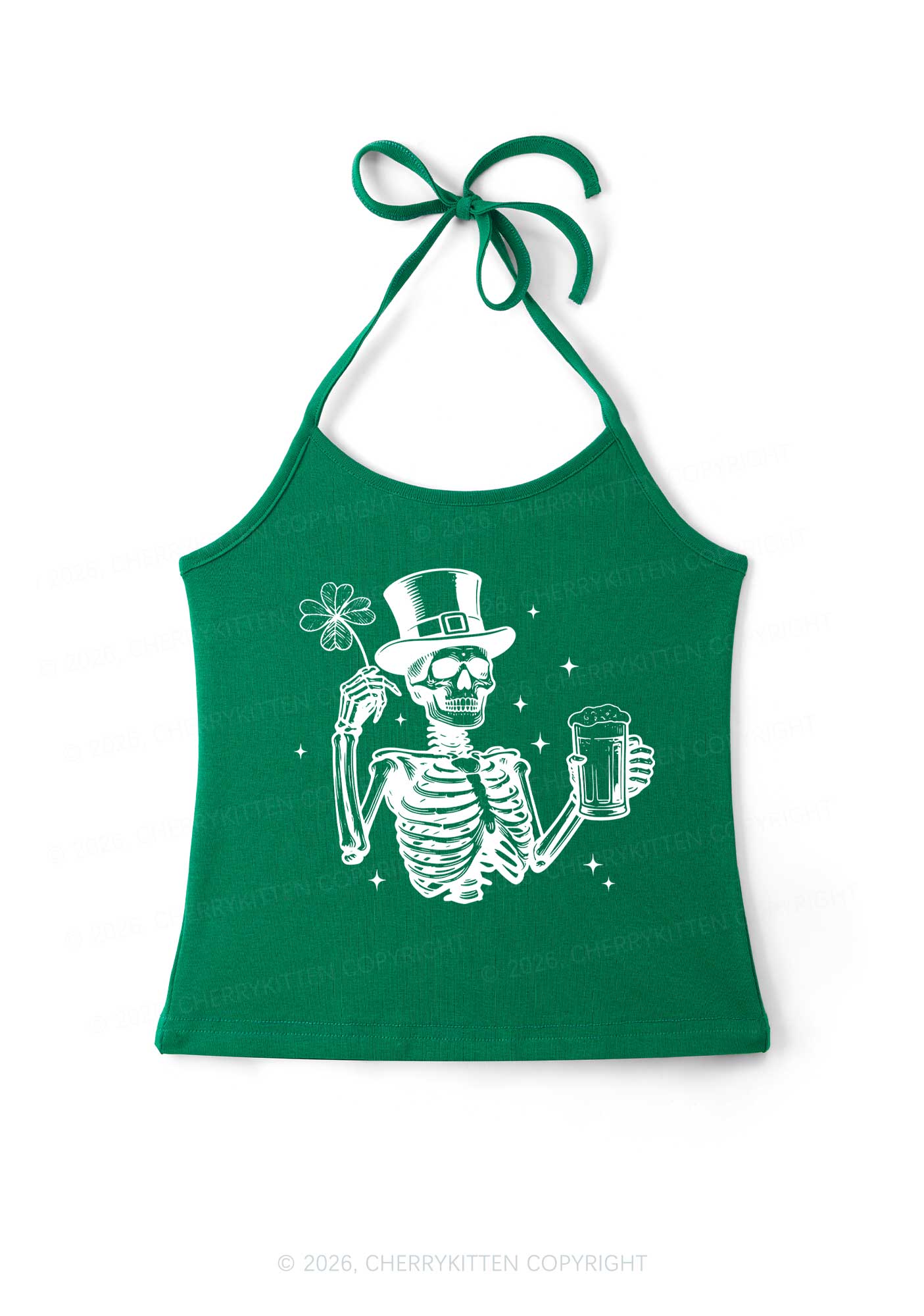 Green Skeleton St Patricks Y2K Halter Neck Cami Cherrykitten