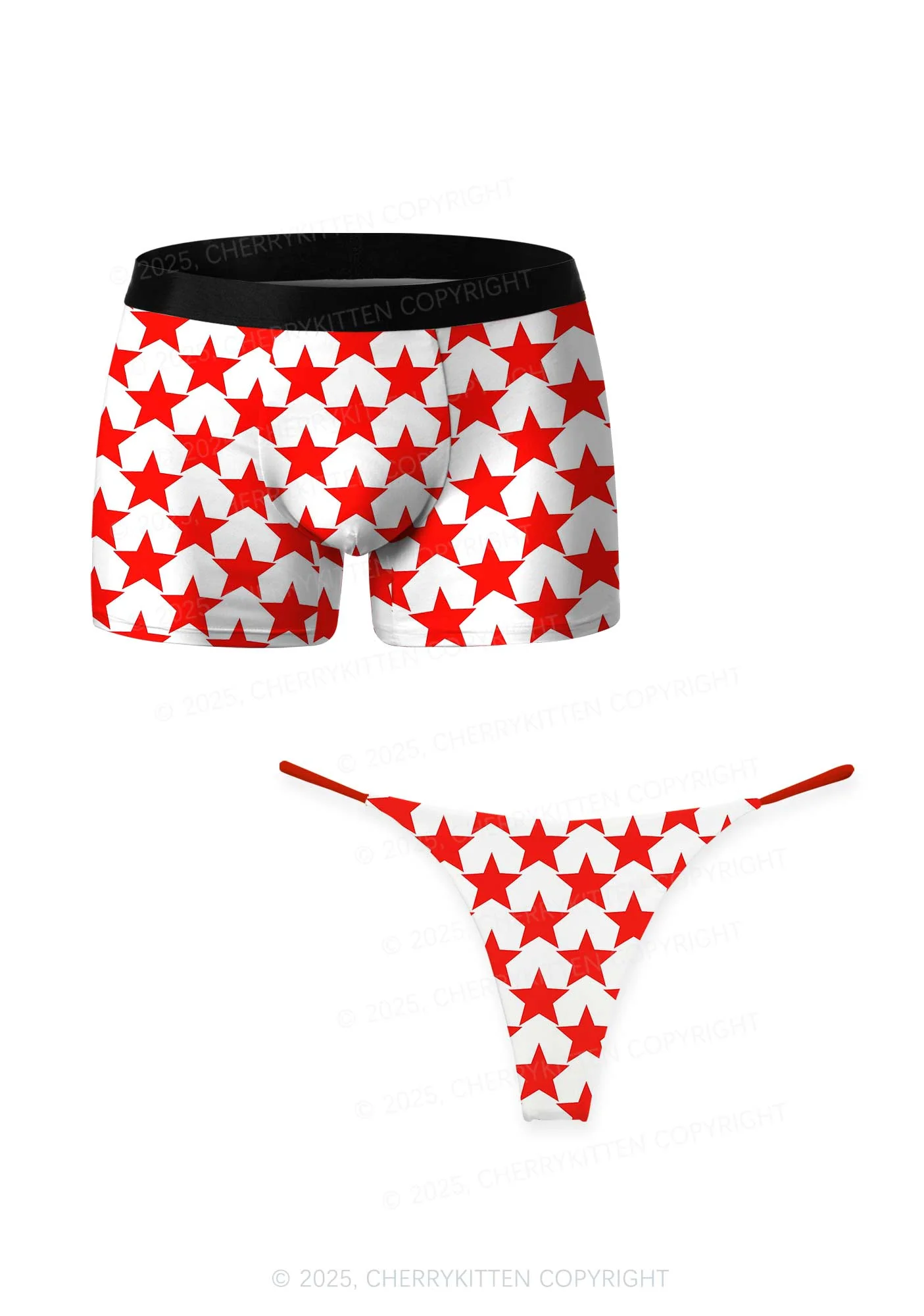 Hyper Red Stars Valentine's Day Y2K Print Couples Boxer Thong Set Cherrykitten