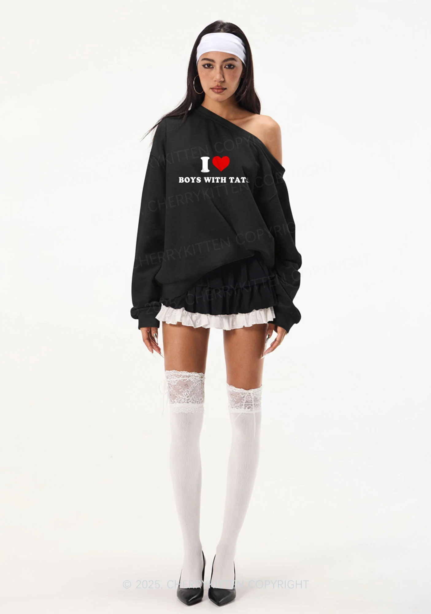 I Love Boys With Tats Y2K Off Shoulder Sweatshirts Cherrykitten - Image 2