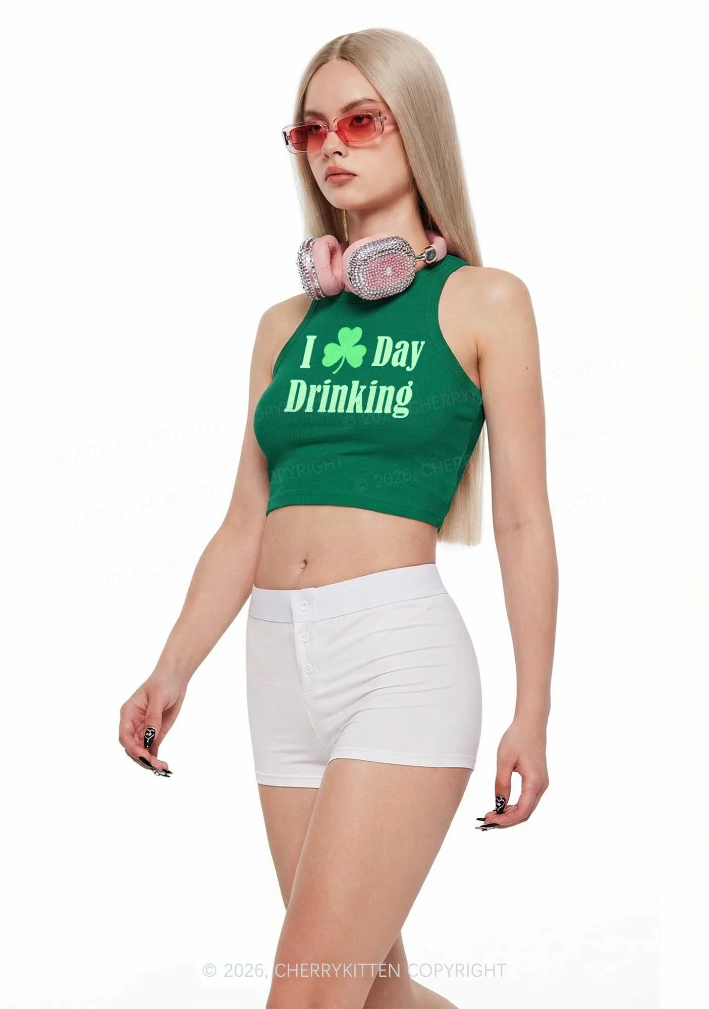 I Love Day Drinking St Patricks Y2K Crop Tank Top Cherrykitten - Image 2