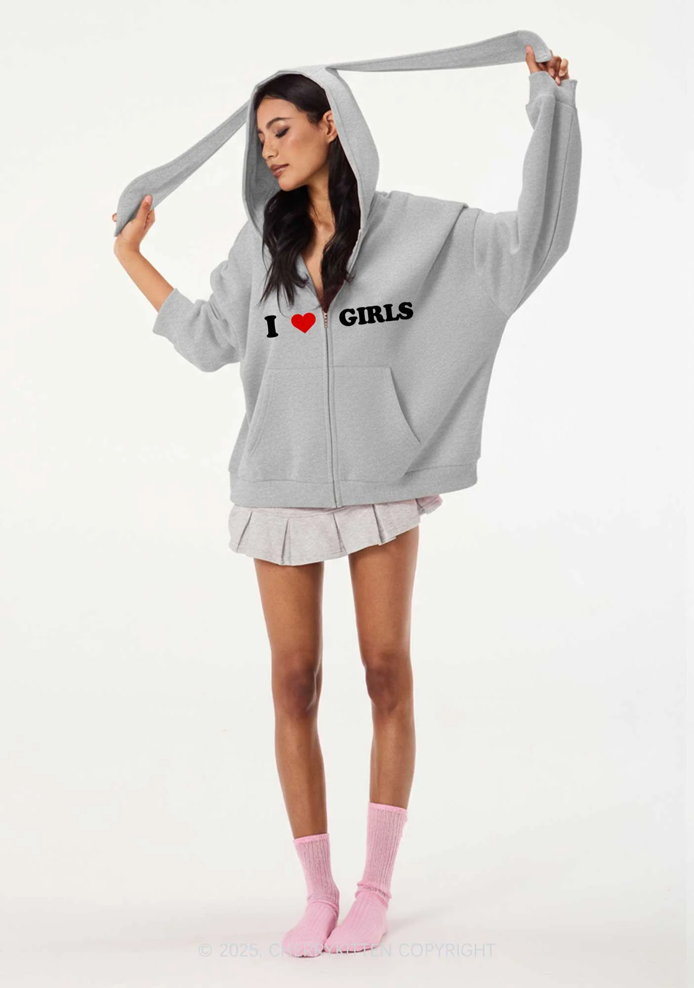 I Love Girls Y2K Bunny Ear Zip Hoodie Cherrykitten - Image 3