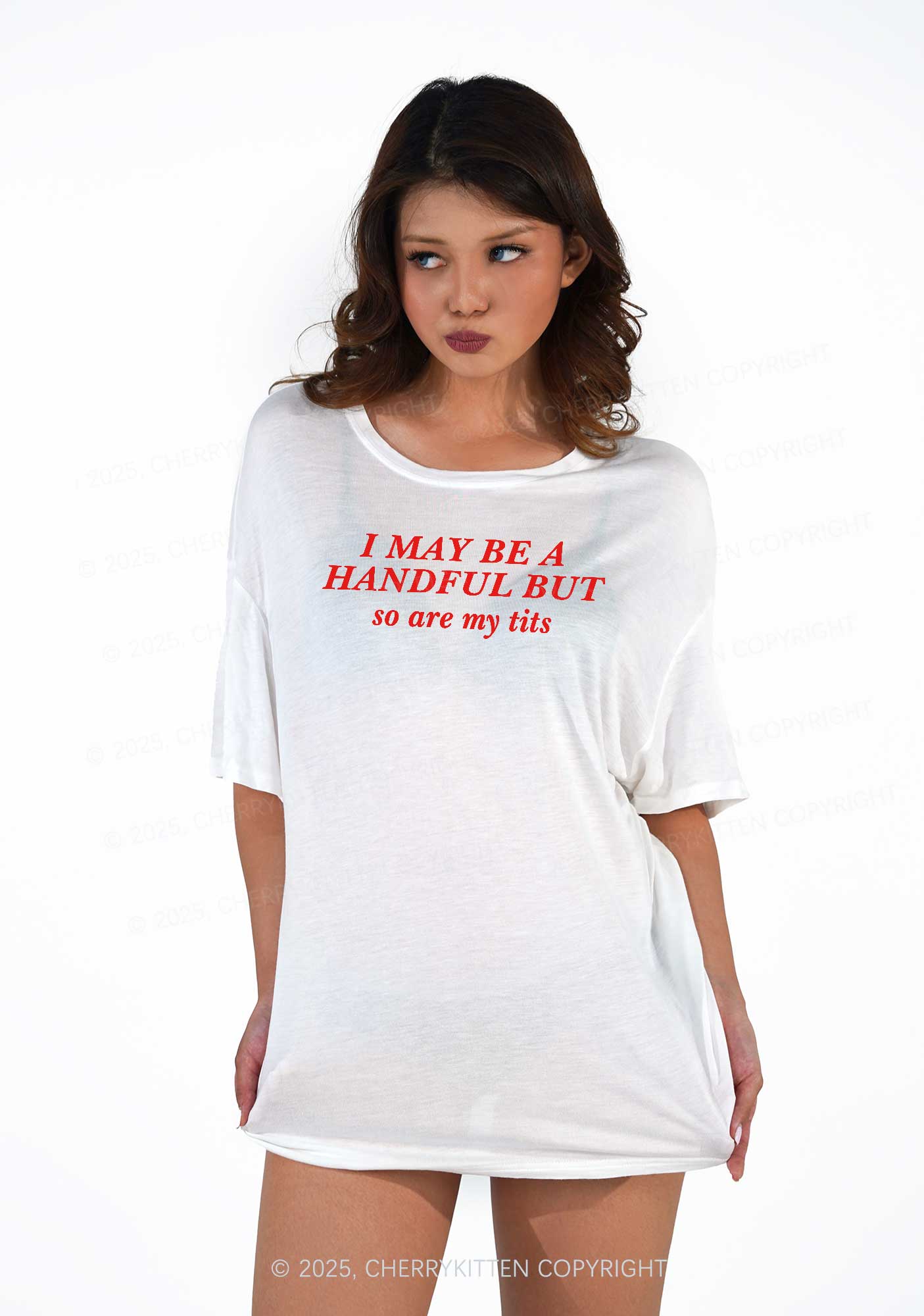 I May Be A Handful Y2K Sheer Boyfriend Tee Cherrykitten