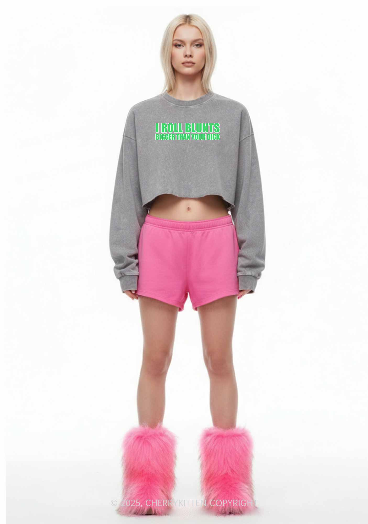 I Roll Blunts Y2K Crop Washed Sweatshirts Cherrykitten - Image 2