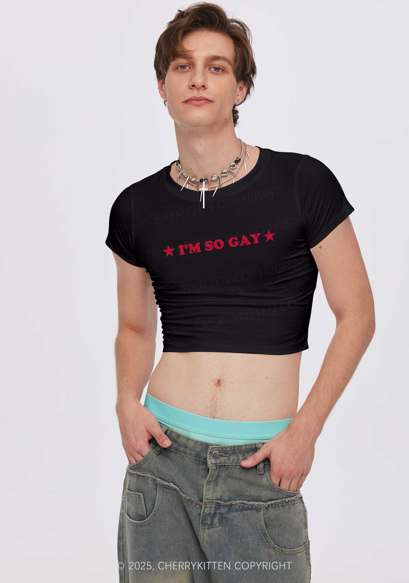 Im So Gay Two Sides Pride Y2K Baby Tee Cherrykitten - Image 2