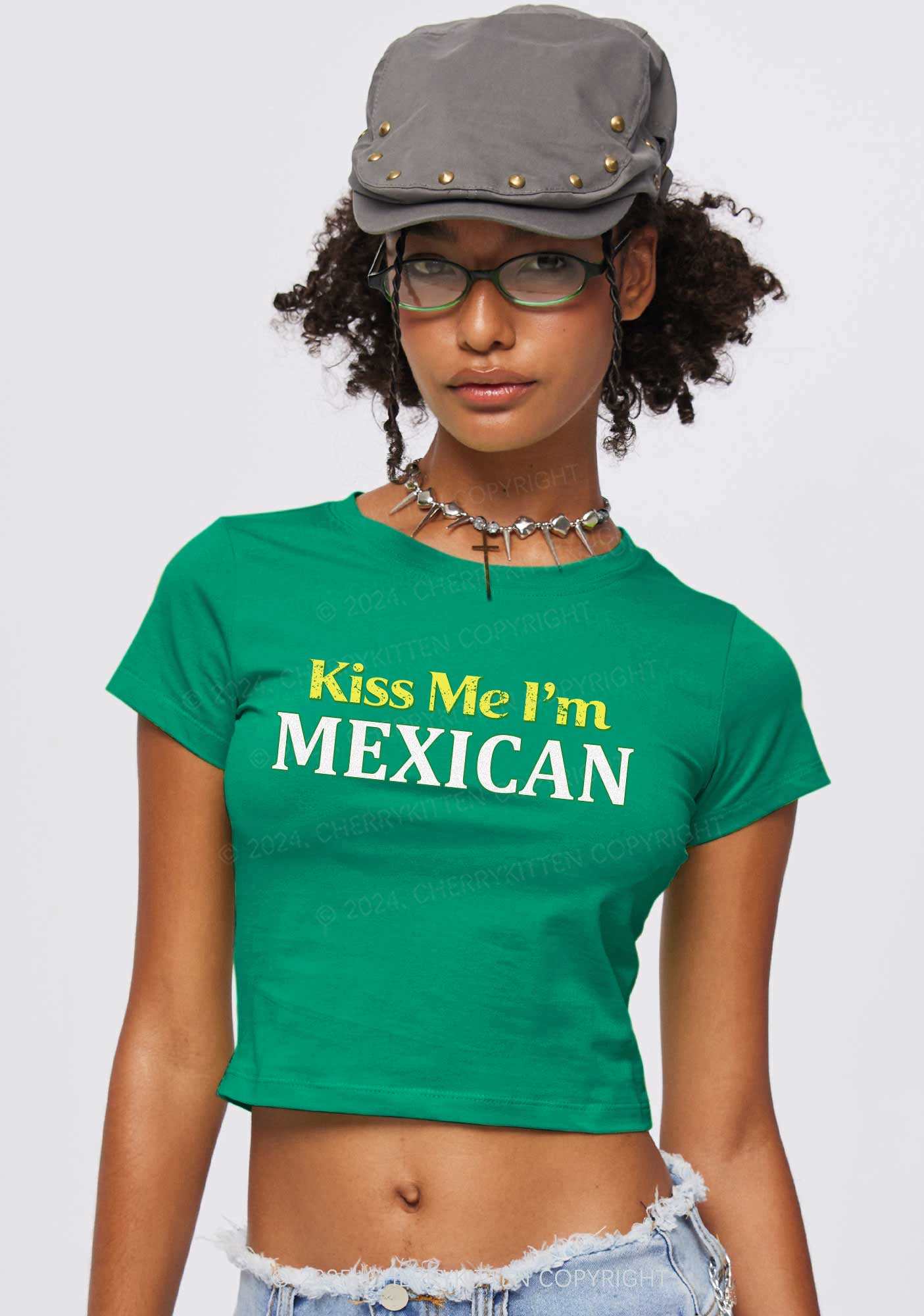 Kiss Me Im Mexican St Patricks Y2K Baby Tee Cherrykitten - Image 2