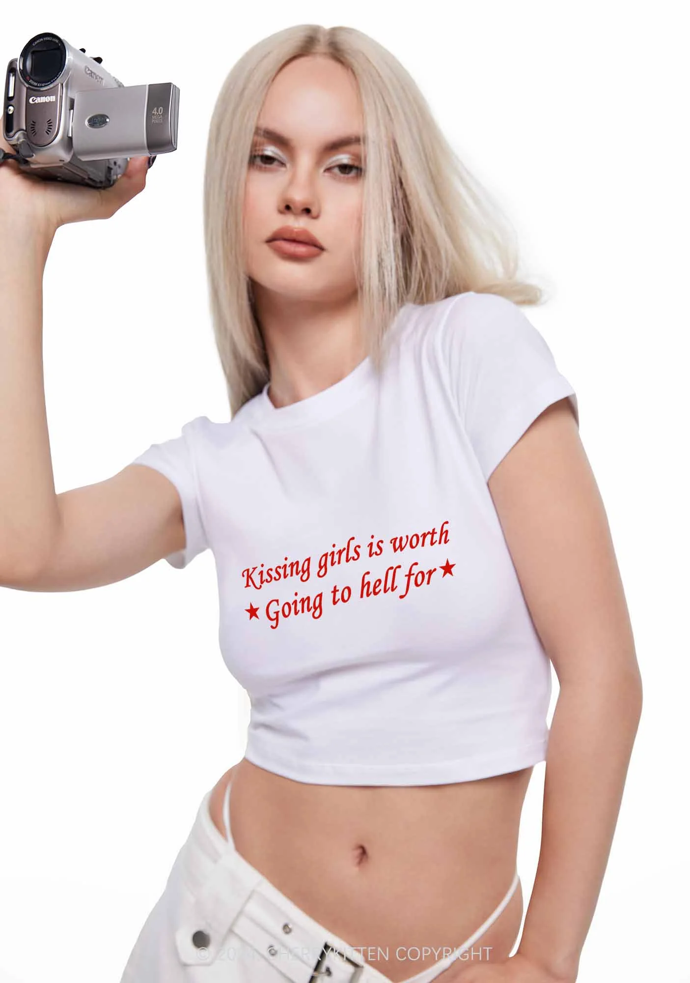 Kissing Girls is Worth Y2K Baby Tee Cherrykitten - Image 2
