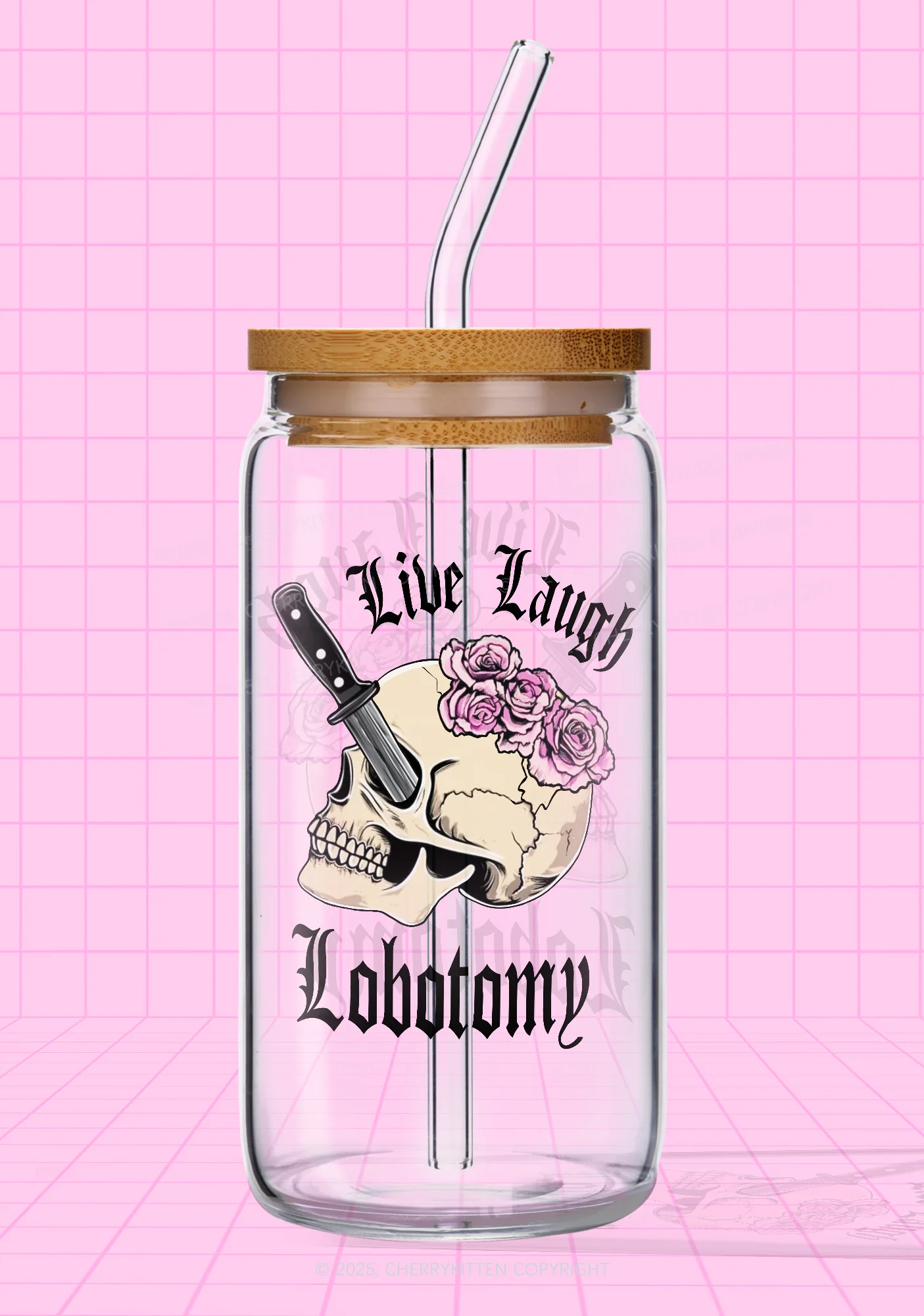 Live Laugh Lobotomy Skull Y2K Printed Glass Cup Cherrykitten