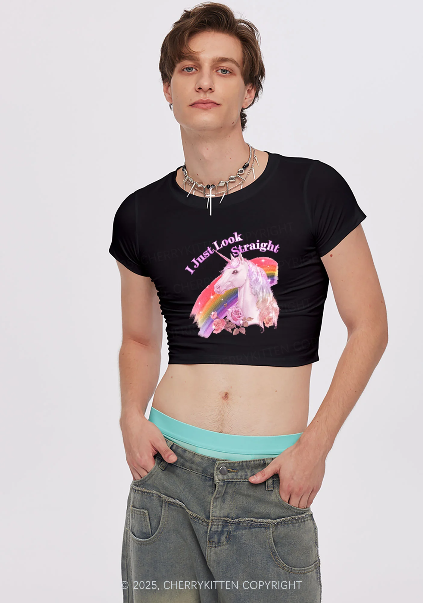 Look Straight Unicorn Pride Y2K Baby Tee Cherrykitten - Image 3
