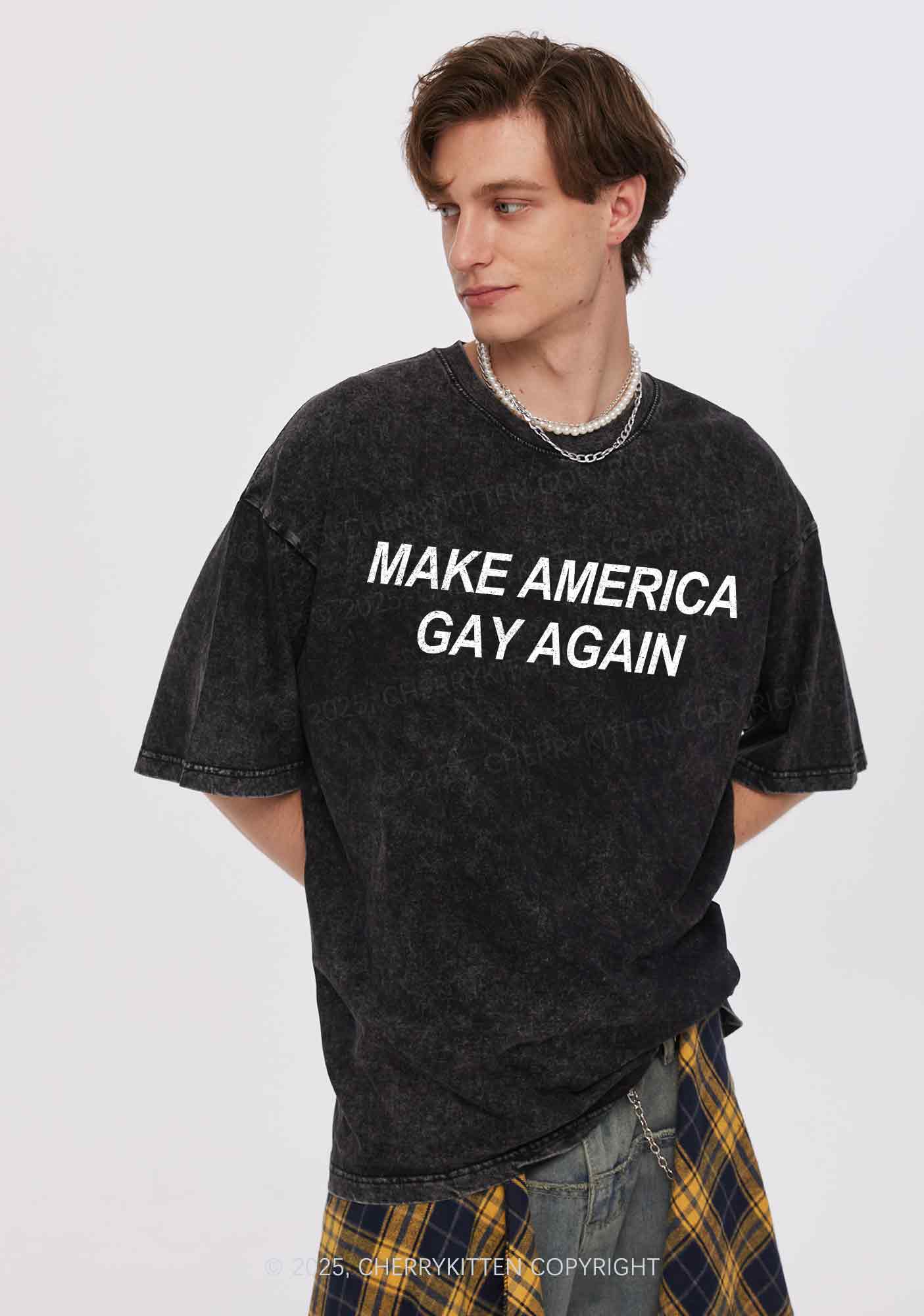 Make America Gay Again Pride Y2K Shirts Washed Tee Cherrykitten - Image 2