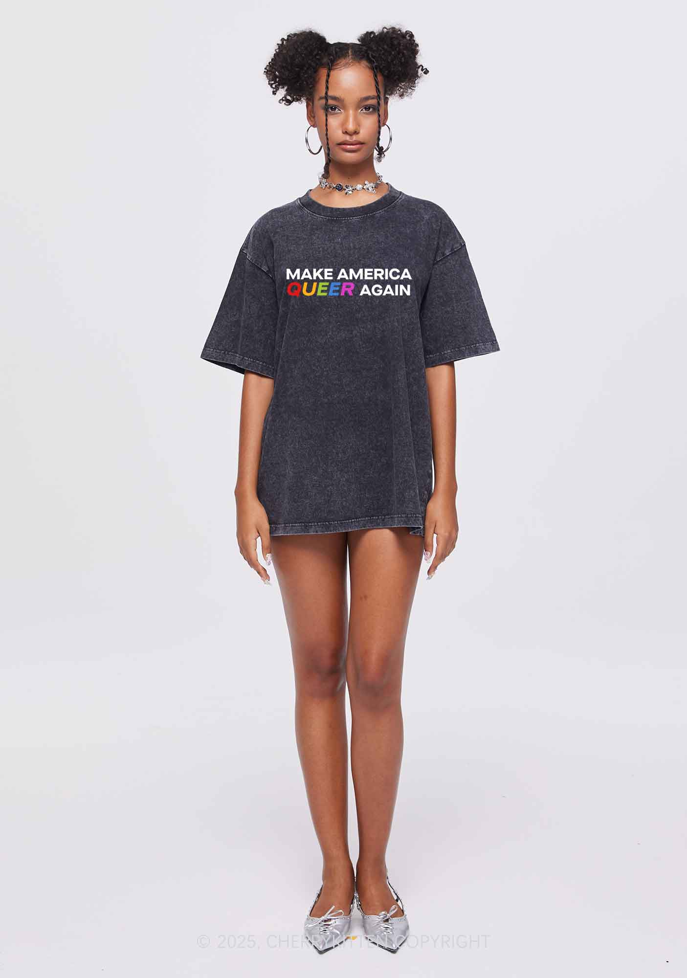 Make America Queer Again Pride Y2K Shirts Washed Tee Cherrykitten - Image 2
