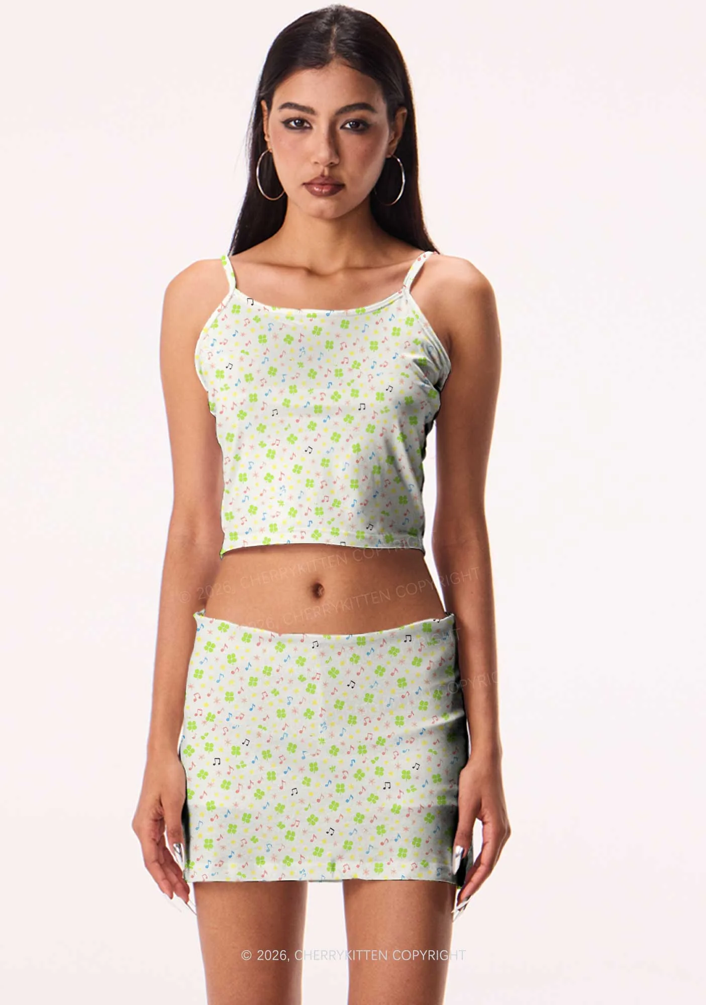 Music Notes Clover Stars St Patricks Y2K Print Cami Crop Top Cherrykitten - Image 3