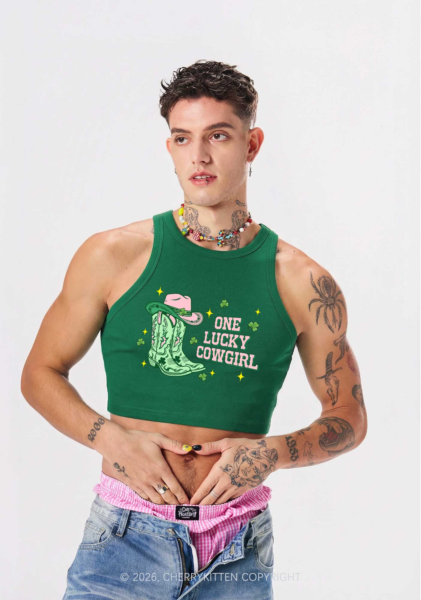 One Lucky Cowgirl Boots St Patricks Y2K Crop Tank Top Cherrykitten - Image 2