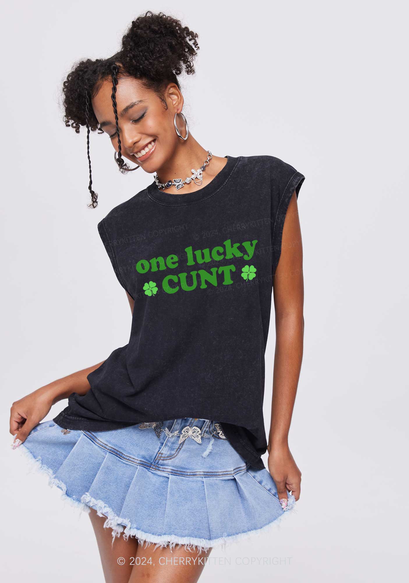 One Lucky Cxxt St Patricks Y2K Washed Tank Cherrykitten - Image 2