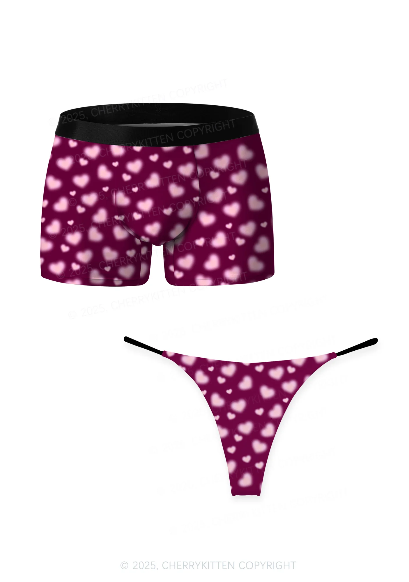 Pink Blurred Heart Valentine's Day Y2K Print Couples Boxer Thong Set Cherrykitten