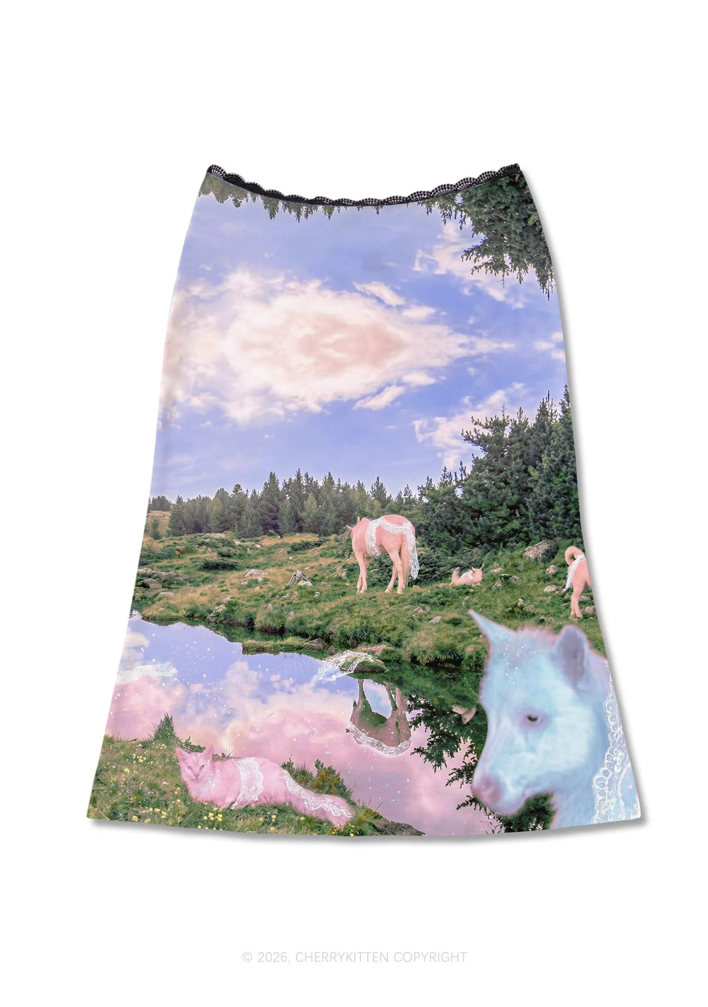 Pink Lace Pony Y2K Print Midi Skirt Cherrykitten