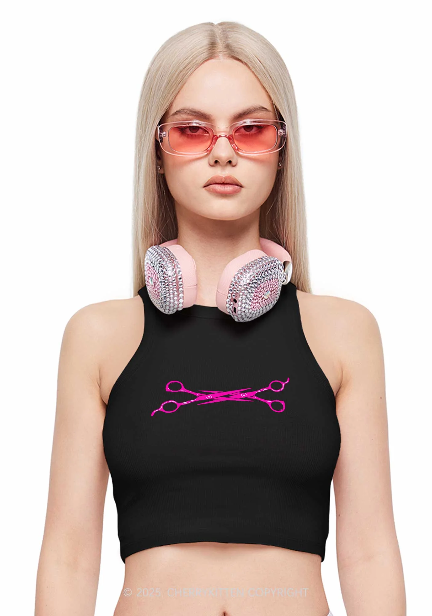 Pink Scissor Y2K Crop Tank Top Cherrykitten - Image 2
