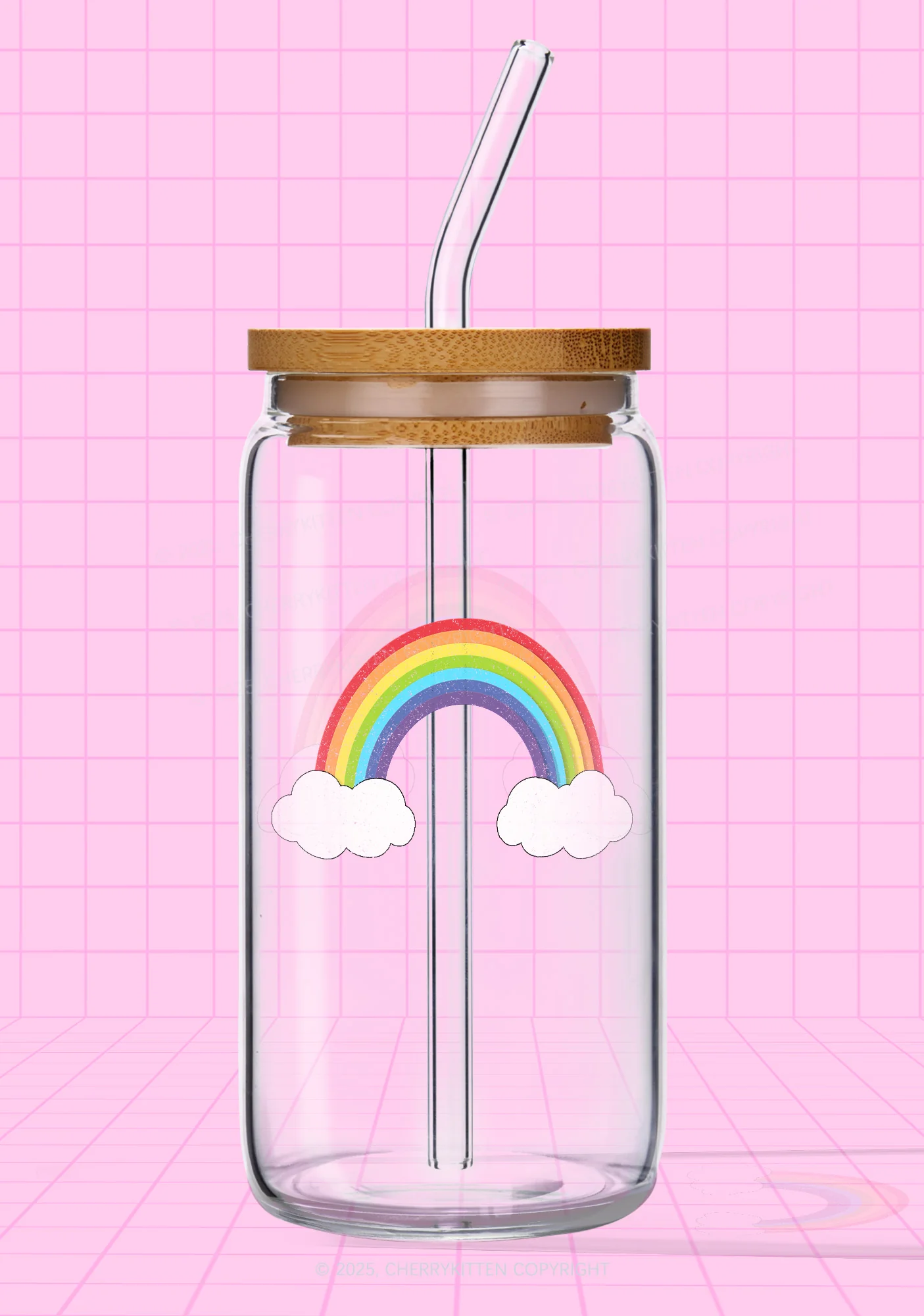Rainbow Cloud Pride Y2K Printed Glass Cup Cherrykitten